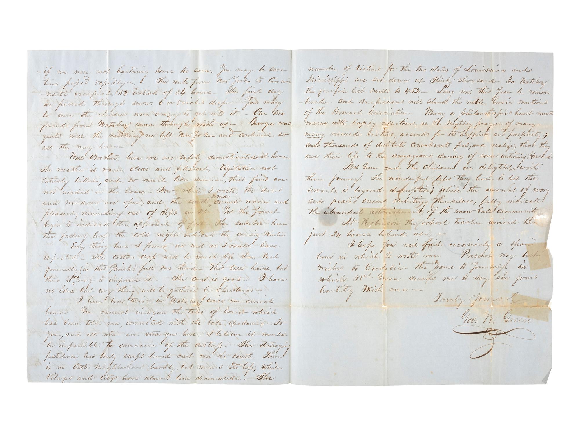 [LOUISIANA]. A letter describing the journey from New York to Louisiana along with the devastation wrought by the 1853 yellow fever outbreak in Natchez, Mississippi.