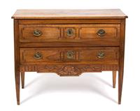 Two French Provincial Carved Walnut Two-Drawer Commodes Height 34 1/2 x width 43 x depth 22 inches. — 19TH CENTURY