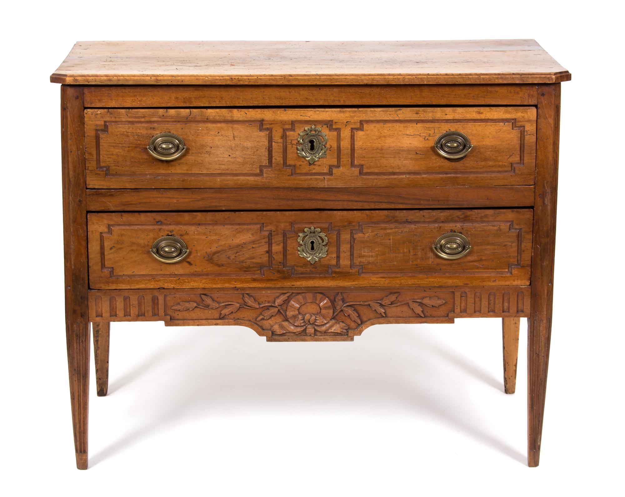 Two French Provincial Carved Walnut Two-Drawer Commodes Height 34 1/2 x width 43 x depth 22 inches. — 19TH CENTURY