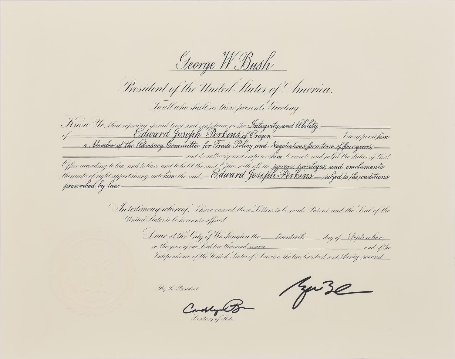 [POLITICS]. [PERKINS, Edward Joseph (1928-2020)]. A group of 9 appointments by Presidents Reagan, Bush, Clinton, and Bush to Perkins, presumably with secretarial or facsimile signatures, including: