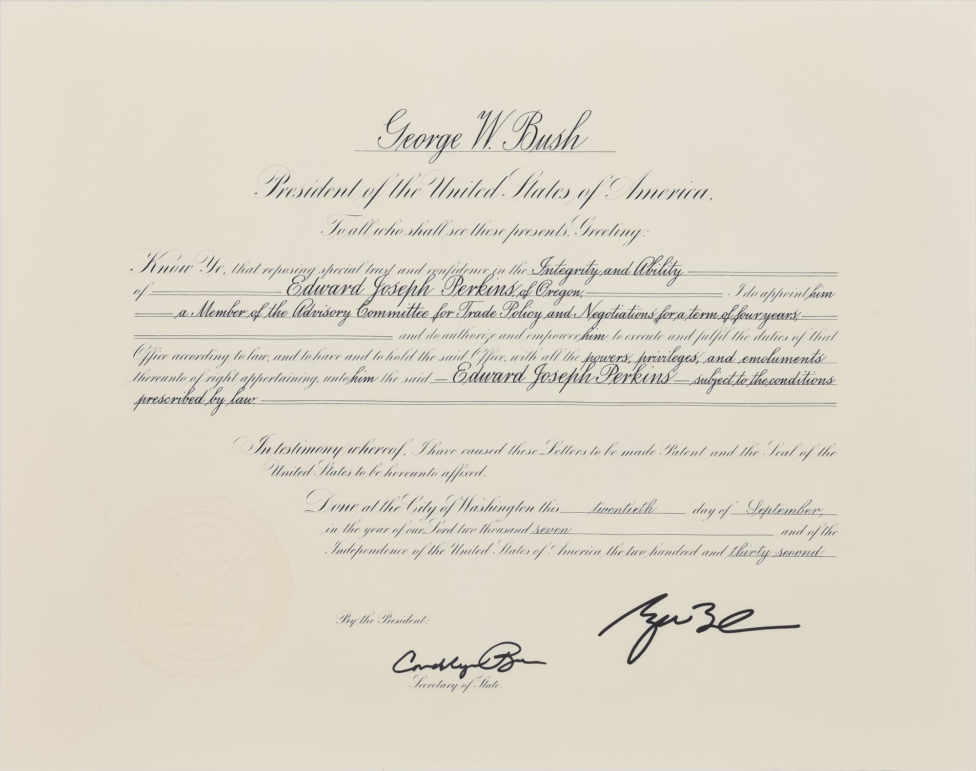 [POLITICS]. [PERKINS, Edward Joseph (1928-2020)]. A group of 9 appointments by Presidents Reagan, Bush, Clinton, and Bush to Perkins, presumably with secretarial or facsimile signatures, including: