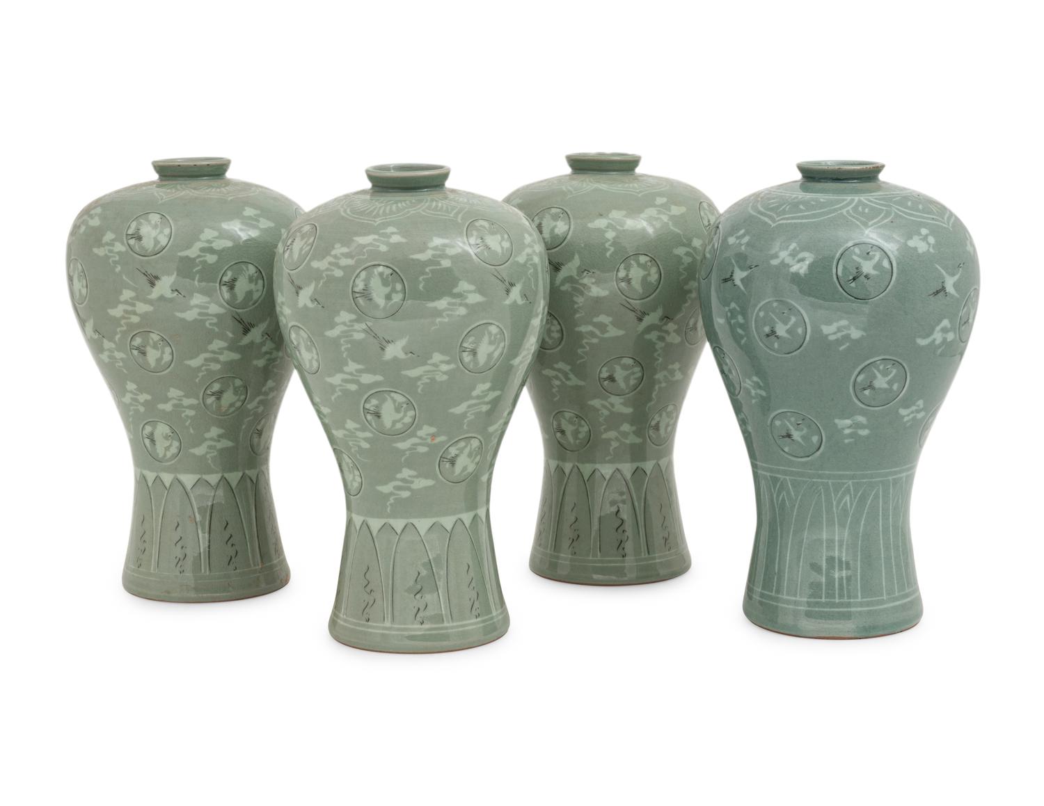 Four Korean Celadon 'Crane and Cloud' Porcelain Maebyong Vases