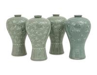 Four Korean Celadon 'Crane and Cloud' Porcelain Maebyong Vases