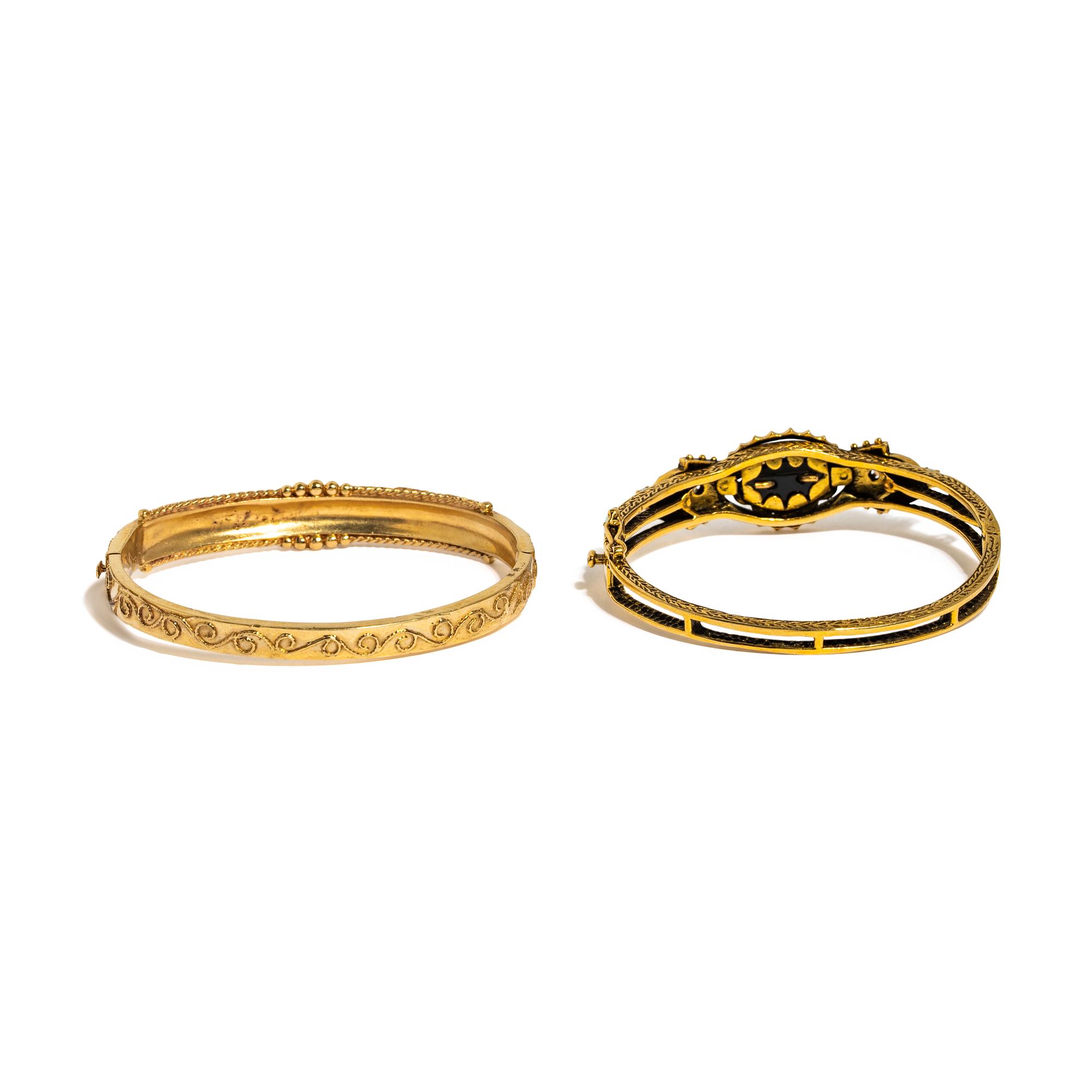 VICTORIAN, PAIR OF YELLOW GOLD AND MULTIGEM BANGLE BRACELETS