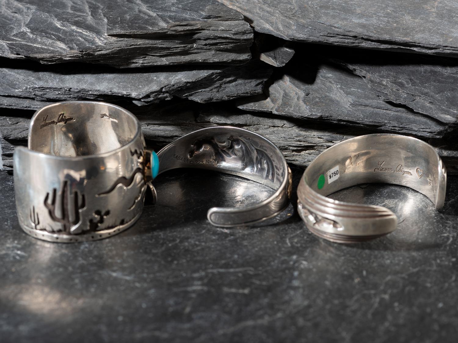 Silver Desert Scene Cuff Bracelets with Gold Accents, PLUS