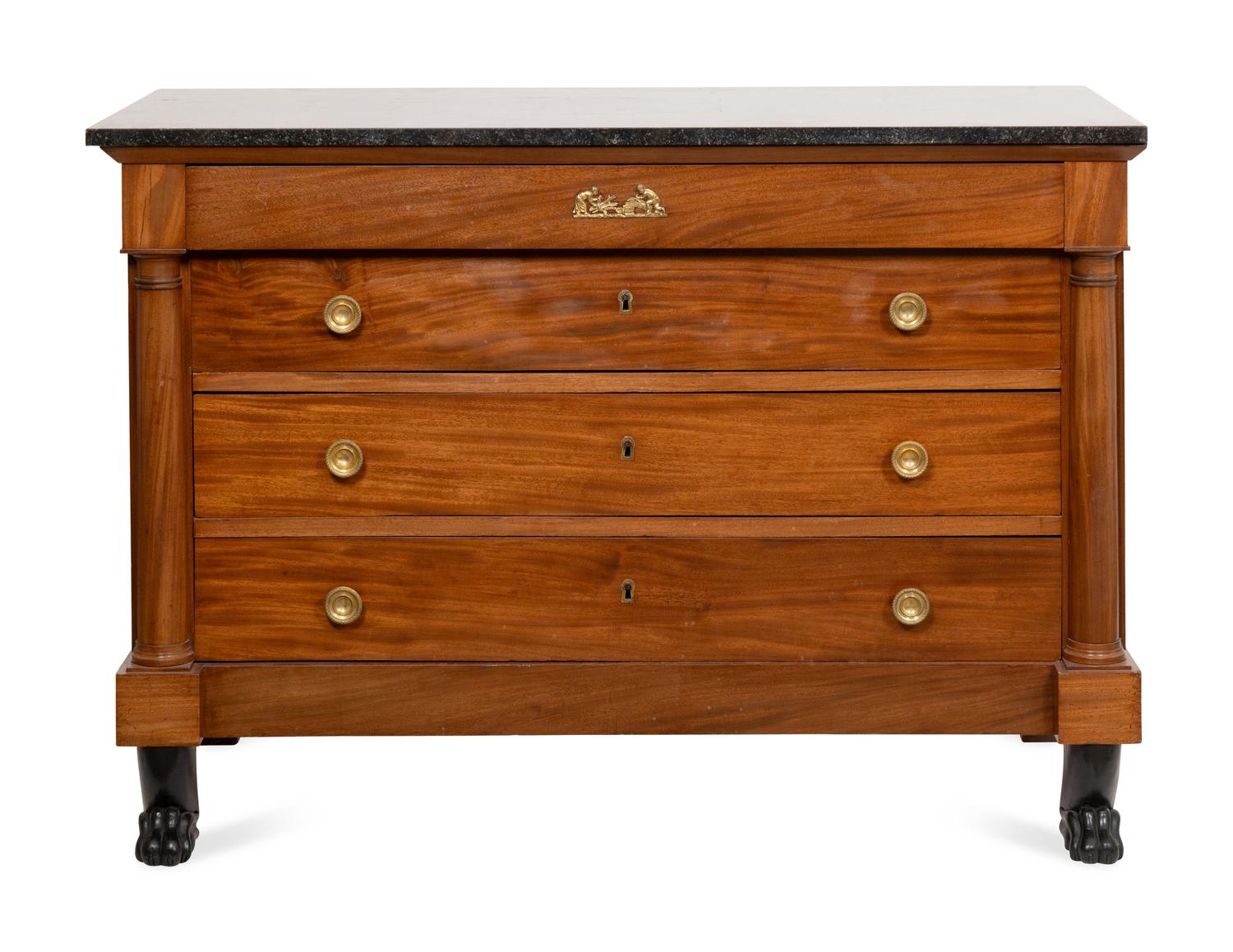 An Empire Mahogany Commode with Ebonized Paw Feet and Marble Top