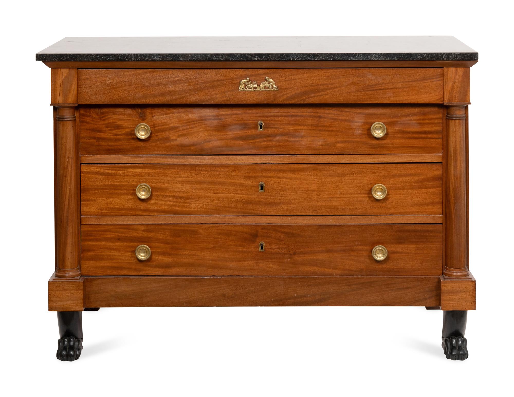 An Empire Mahogany Commode with Ebonized Paw Feet and Marble Top