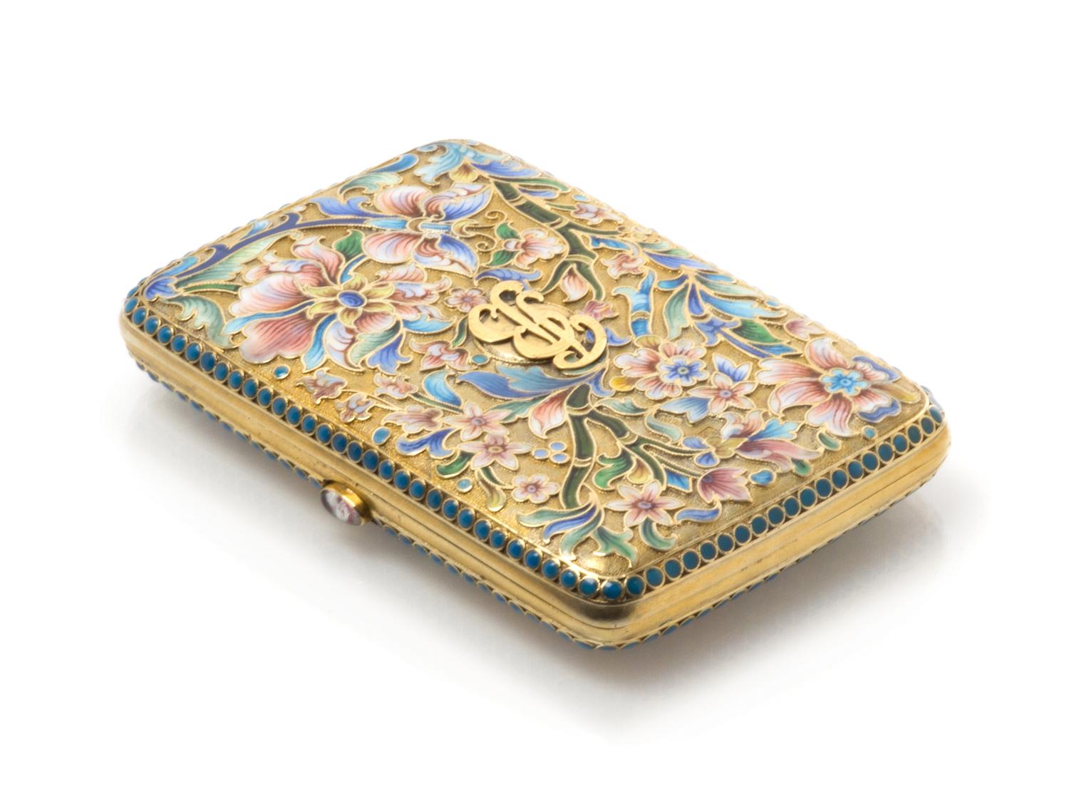 A Russian Silver and Enamel Cigarette Case, Maker's mark Cyrillic PF, kokoshnik mark of Ivan Lebedkin, Moscow, the case having a matte
