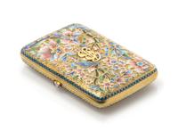 A Russian Silver and Enamel Cigarette Case, Maker's mark Cyrillic PF, kokoshnik mark of Ivan Lebedkin, Moscow, the case having a matte