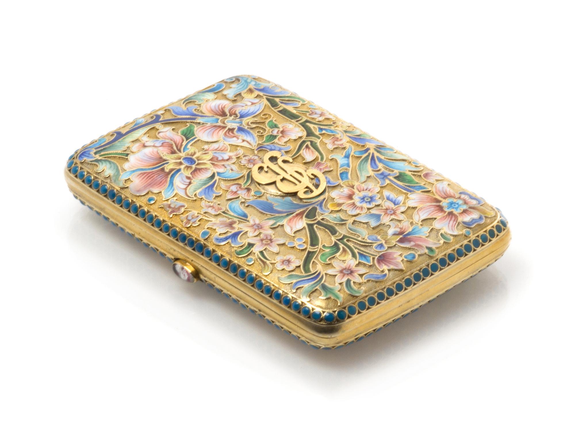 A Russian Silver and Enamel Cigarette Case, Maker's mark Cyrillic PF, kokoshnik mark of Ivan Lebedkin, Moscow, the case having a matte