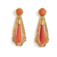 GEORGIAN, CONVERTIBLE YELLOW GOLD AND CORAL DROP EARRINGS