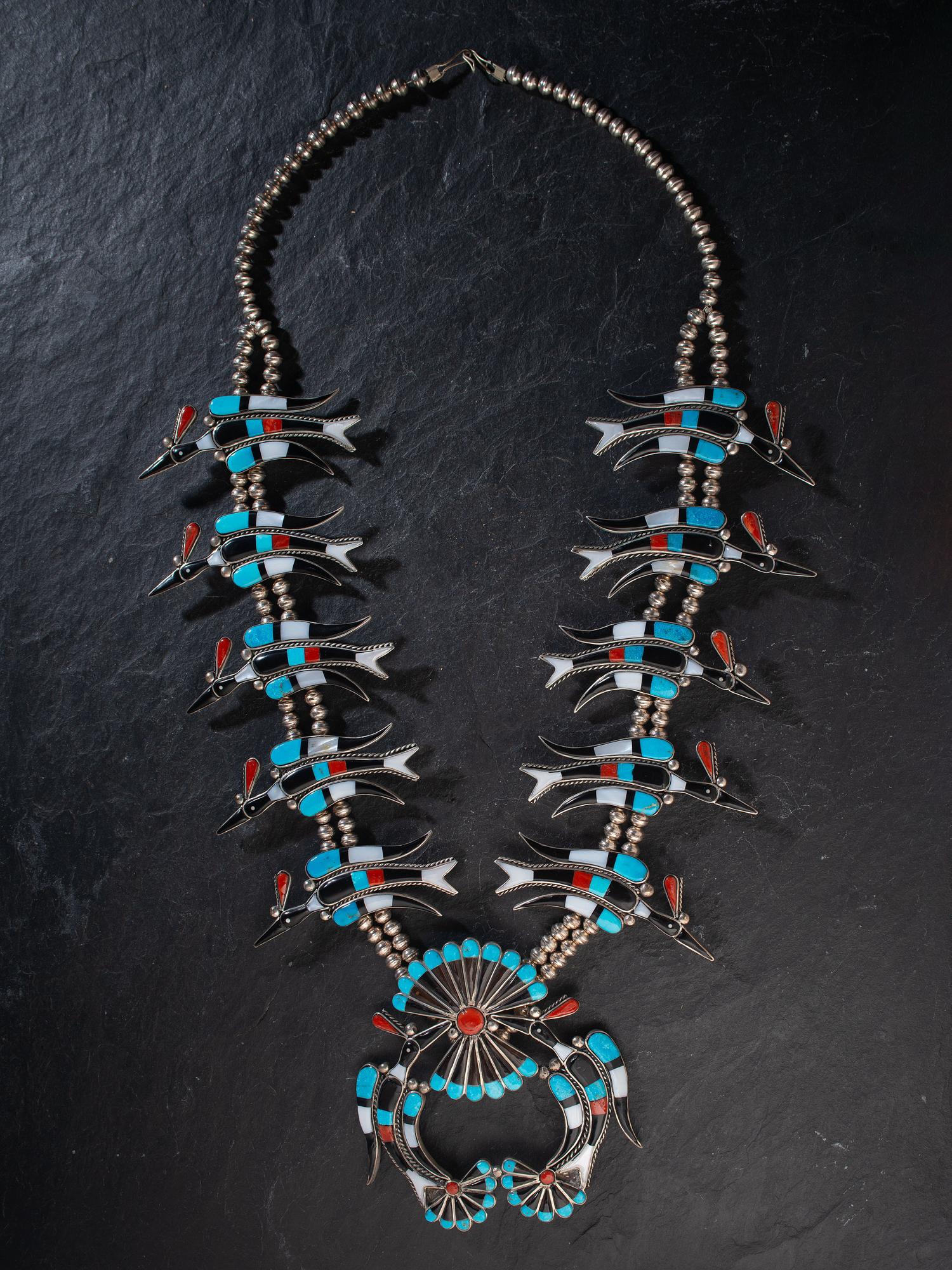 Large Zuni Mosaic Inlay Waterbird Squash Blossom Necklace