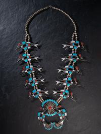 Large Zuni Mosaic Inlay Waterbird Squash Blossom Necklace