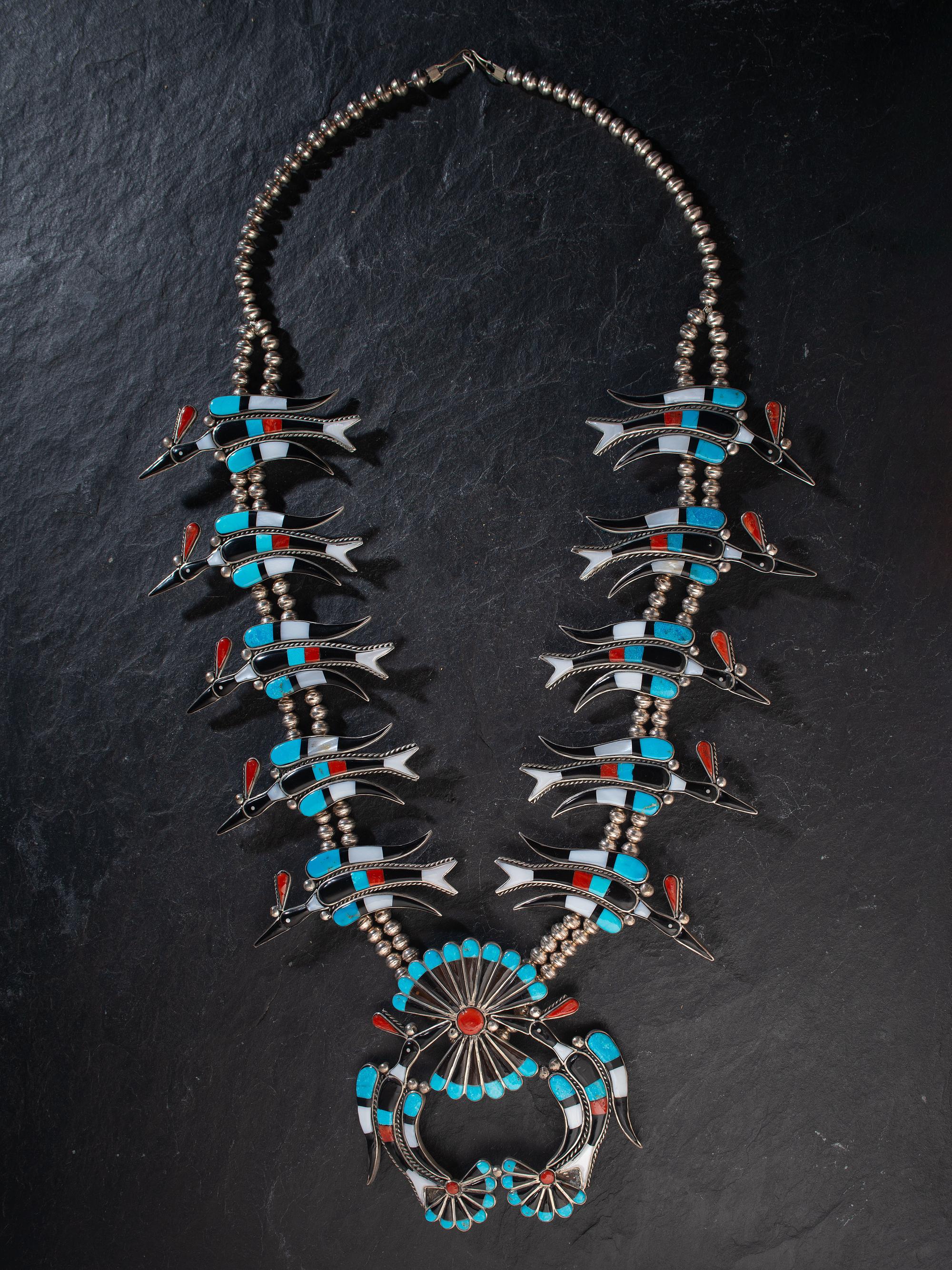 Large Zuni Mosaic Inlay Waterbird Squash Blossom Necklace