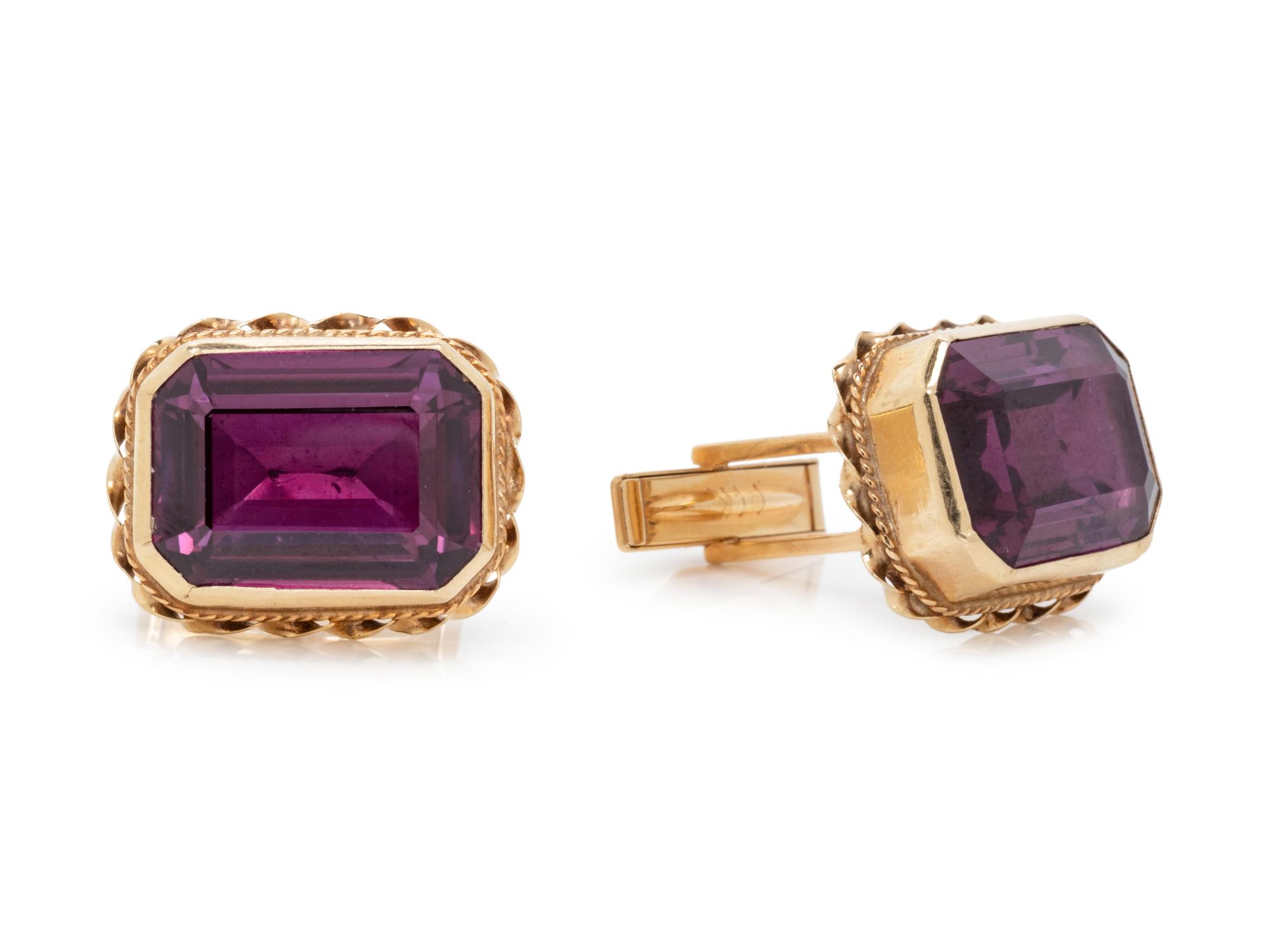 A Pair of 14 Karat Yellow Gold and Glass Cufflinks,