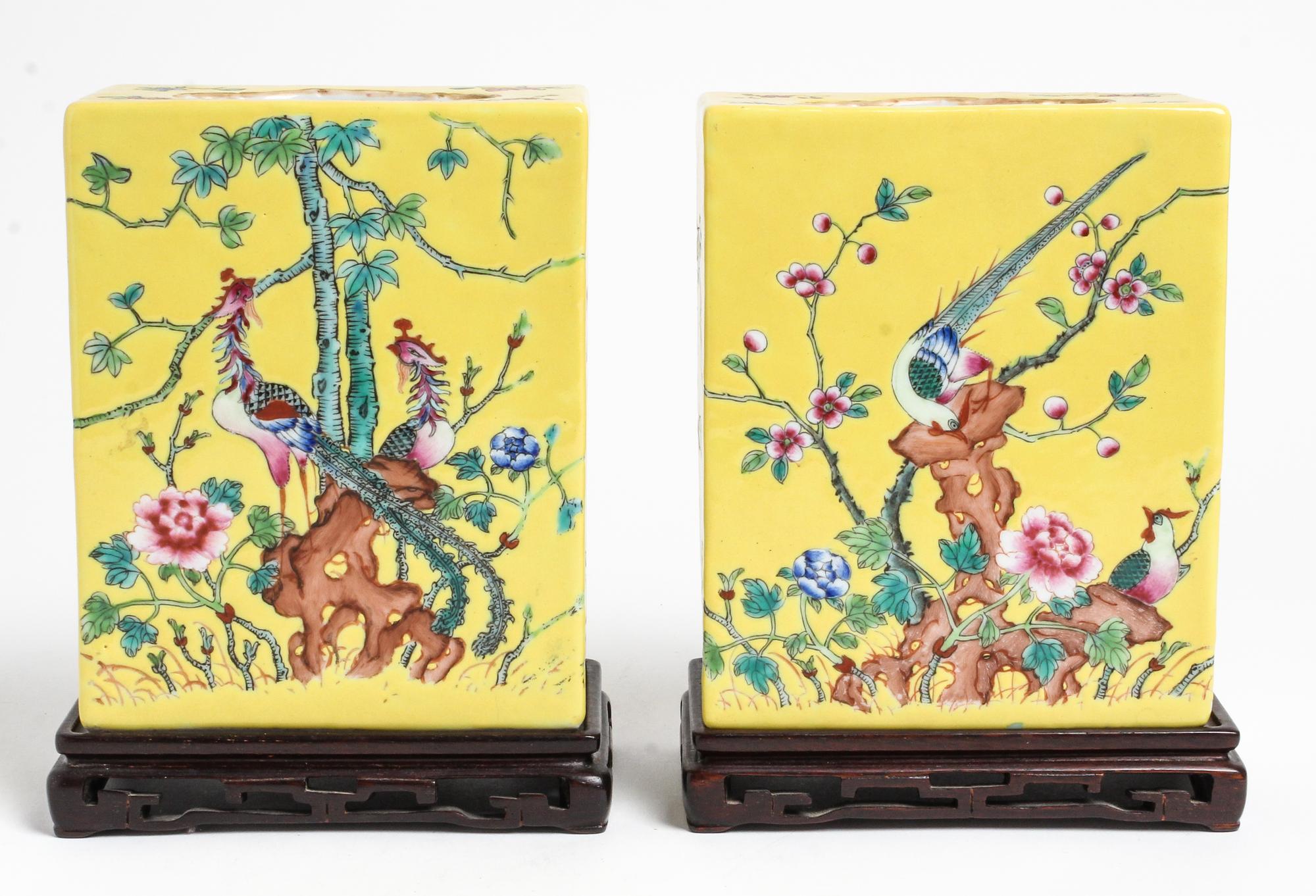 A Pair of Chinese Famille Jaune Porcelain Pillows