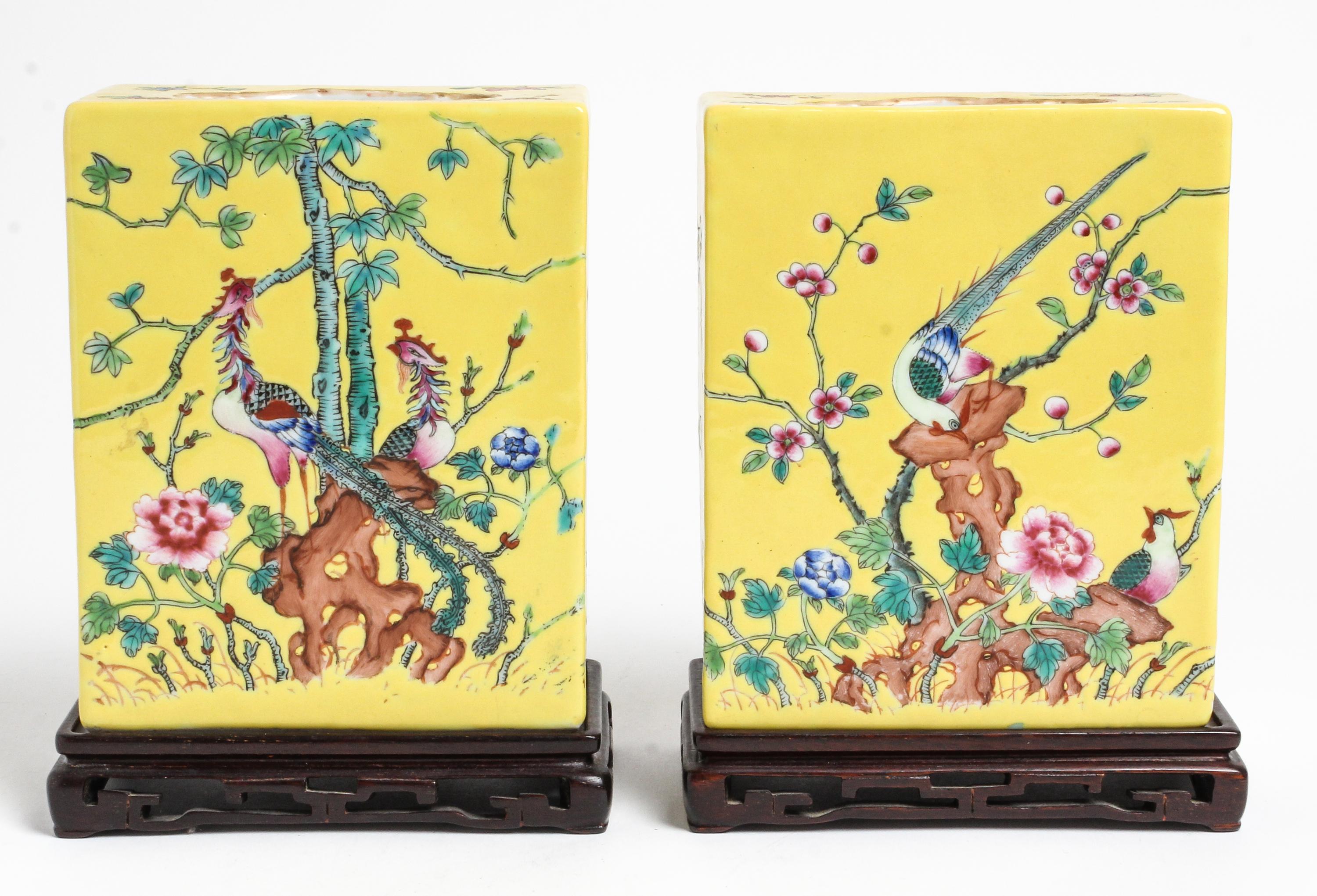 A Pair of Chinese Famille Jaune Porcelain Pillows