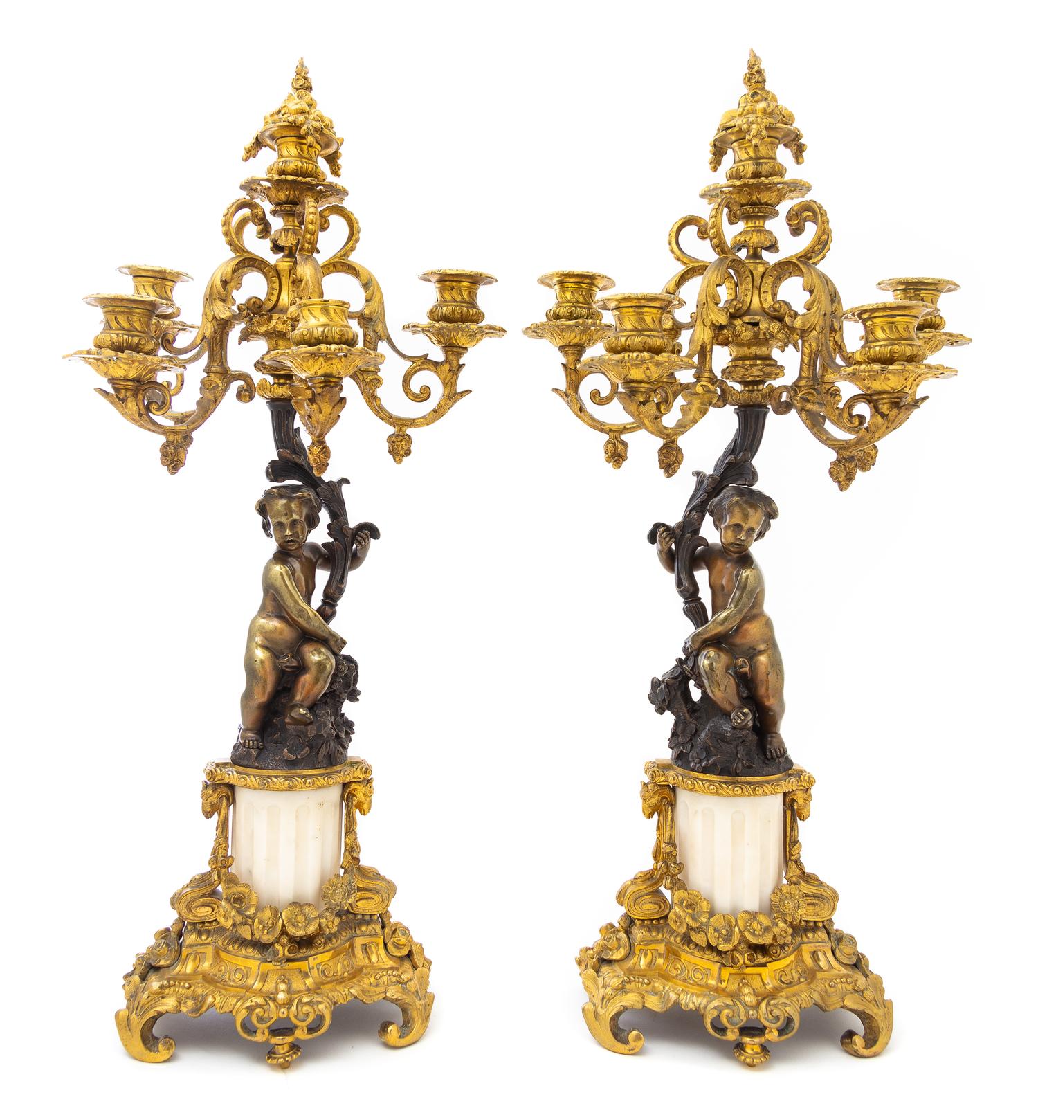 A Pair of Louis XV Style Gilt Bronze and Marble Candelabra Height 23 1/2 inches. — LATE 19TH CENTURY