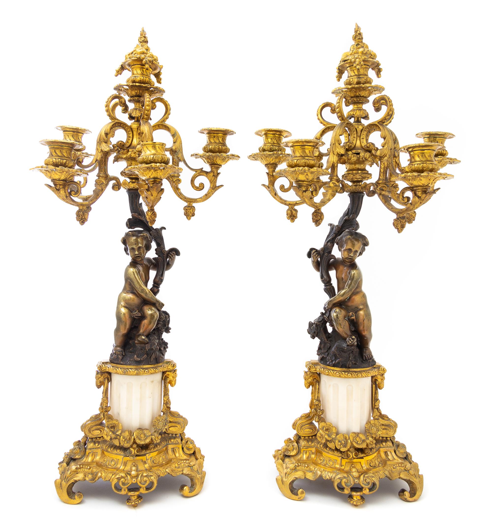 A Pair of Louis XV Style Gilt Bronze and Marble Candelabra Height 23 1/2 inches. — LATE 19TH CENTURY