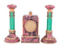 A Carved Hardstone, Enamel, 14-Karat Gold and Hardstone Mounted Three-Piece Clock Garniture