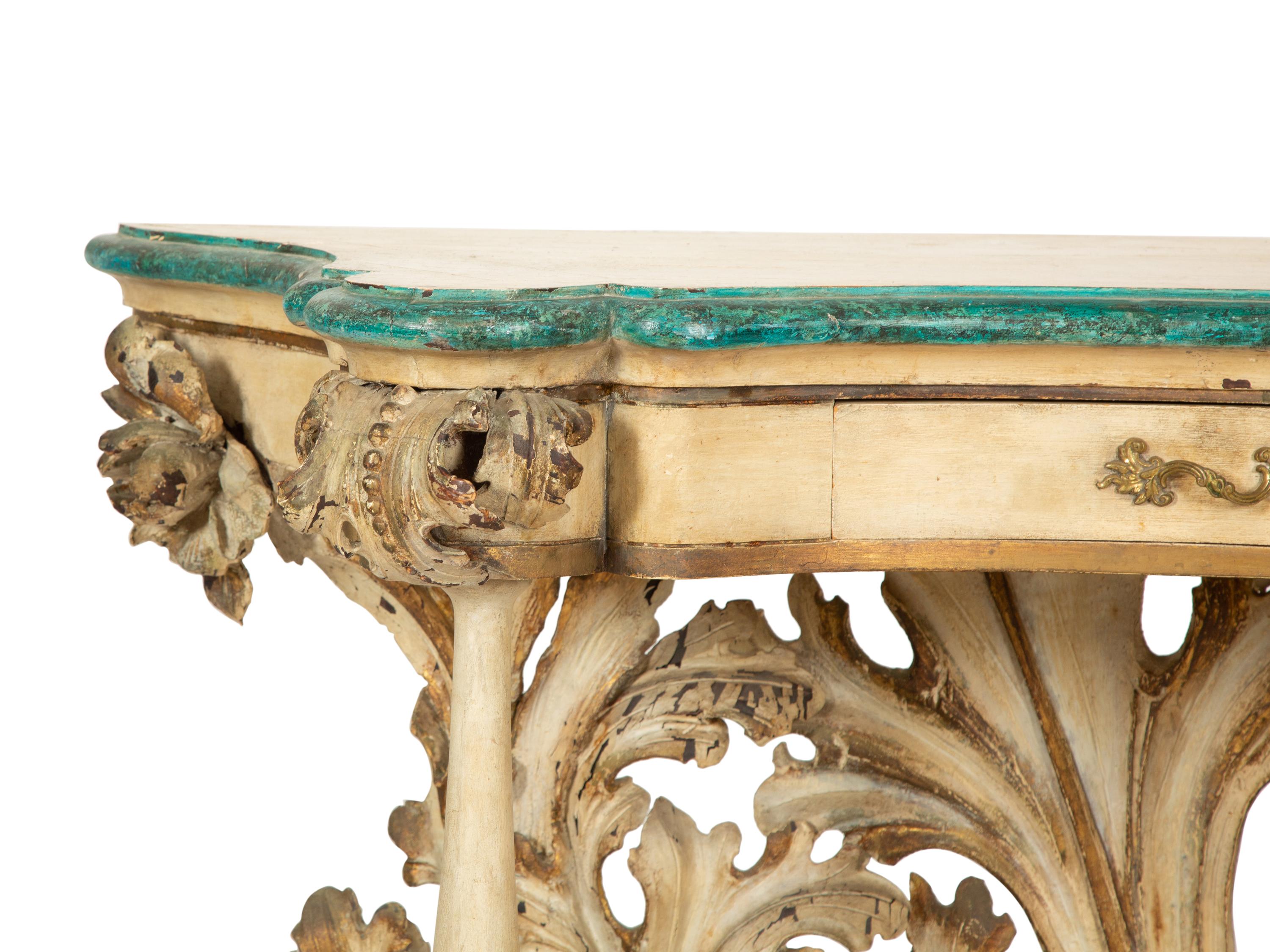 An Italian Cream and Green-Painted and Parcel Gilt Console Table