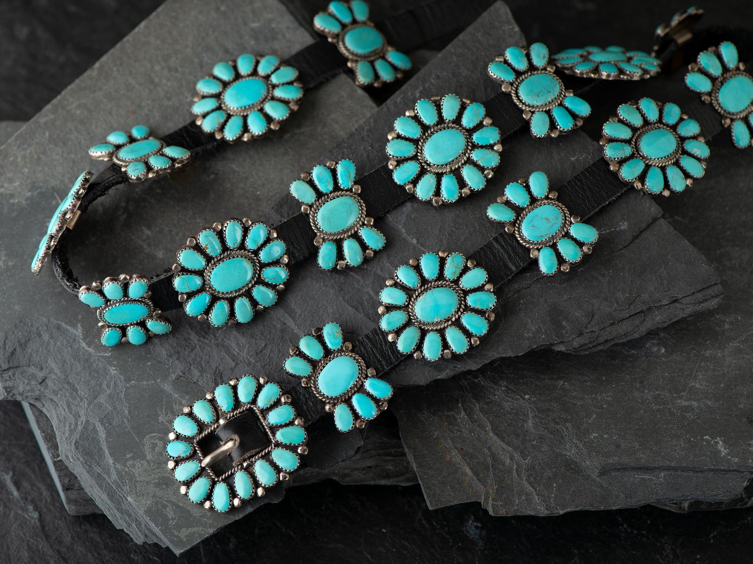 Petite Navajo or Zuni Siler and Turquoise Cluster Concha Belt