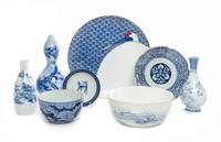 A Group of Eight Blue and White Porcelain Table Articles Diameter of plate 10 3/8 inches.