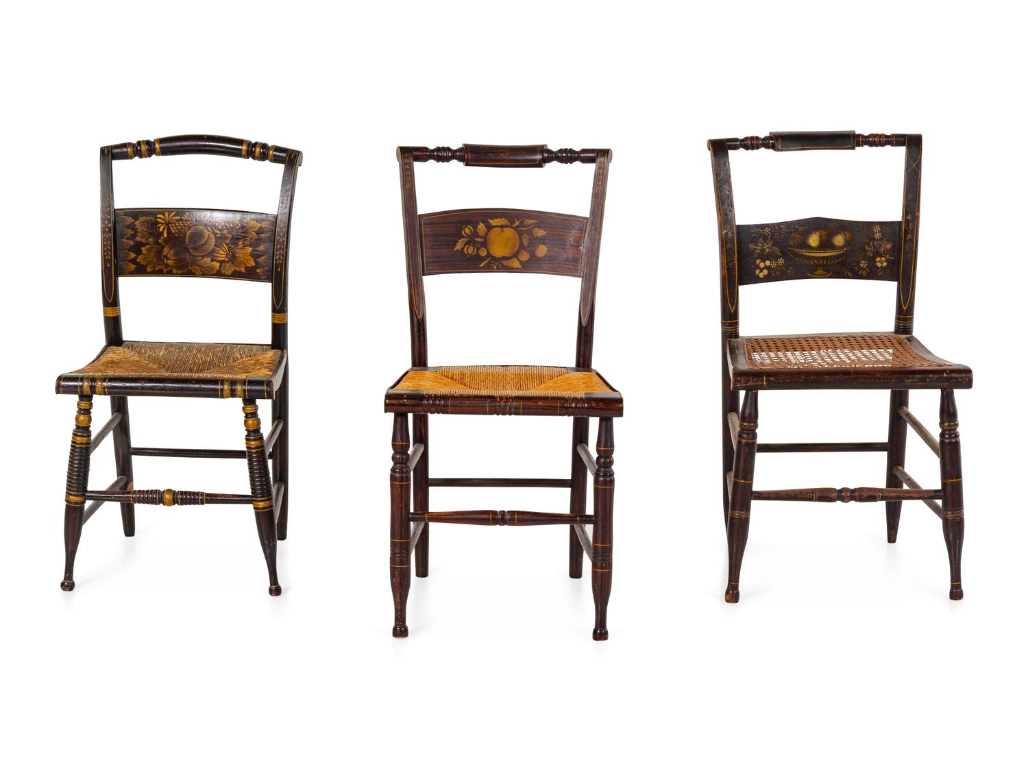 Three Grain-Painted and Gilt Stencil-Decorated Hitchcock Side Chairs