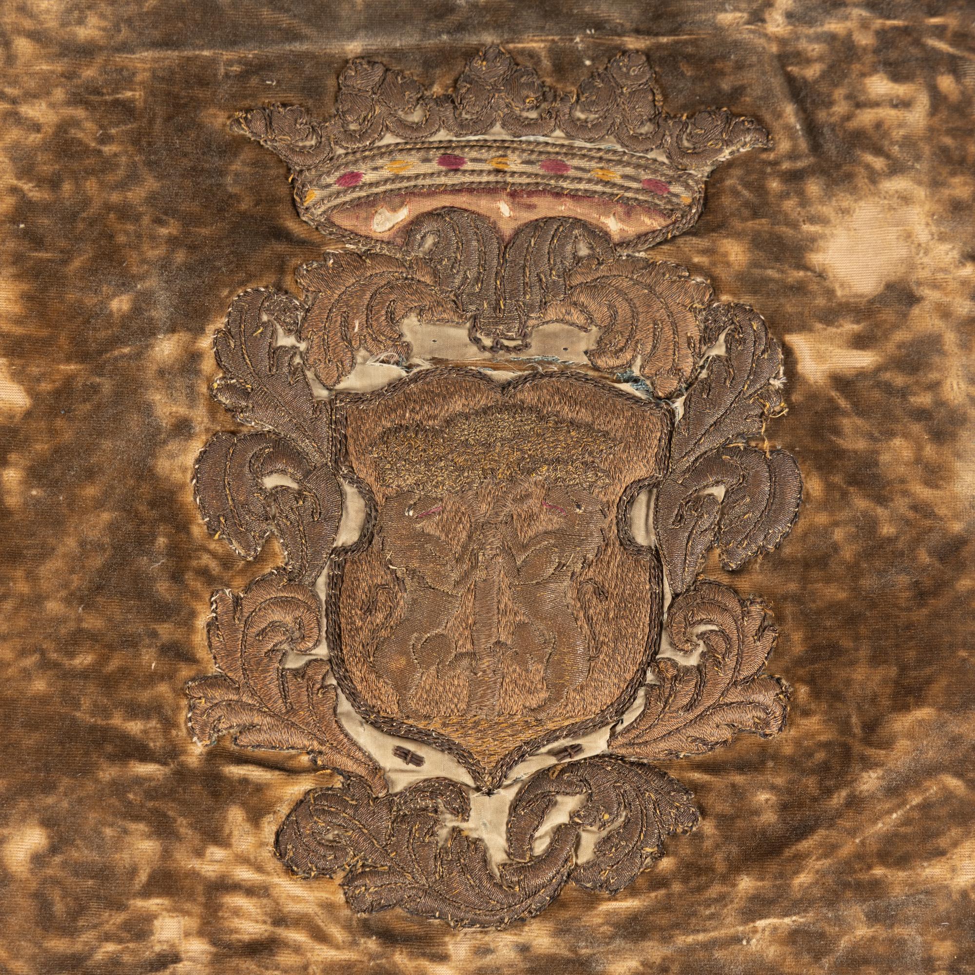 Two Velvet Panels with Silver Fil é Heraldic Crest Appliqués