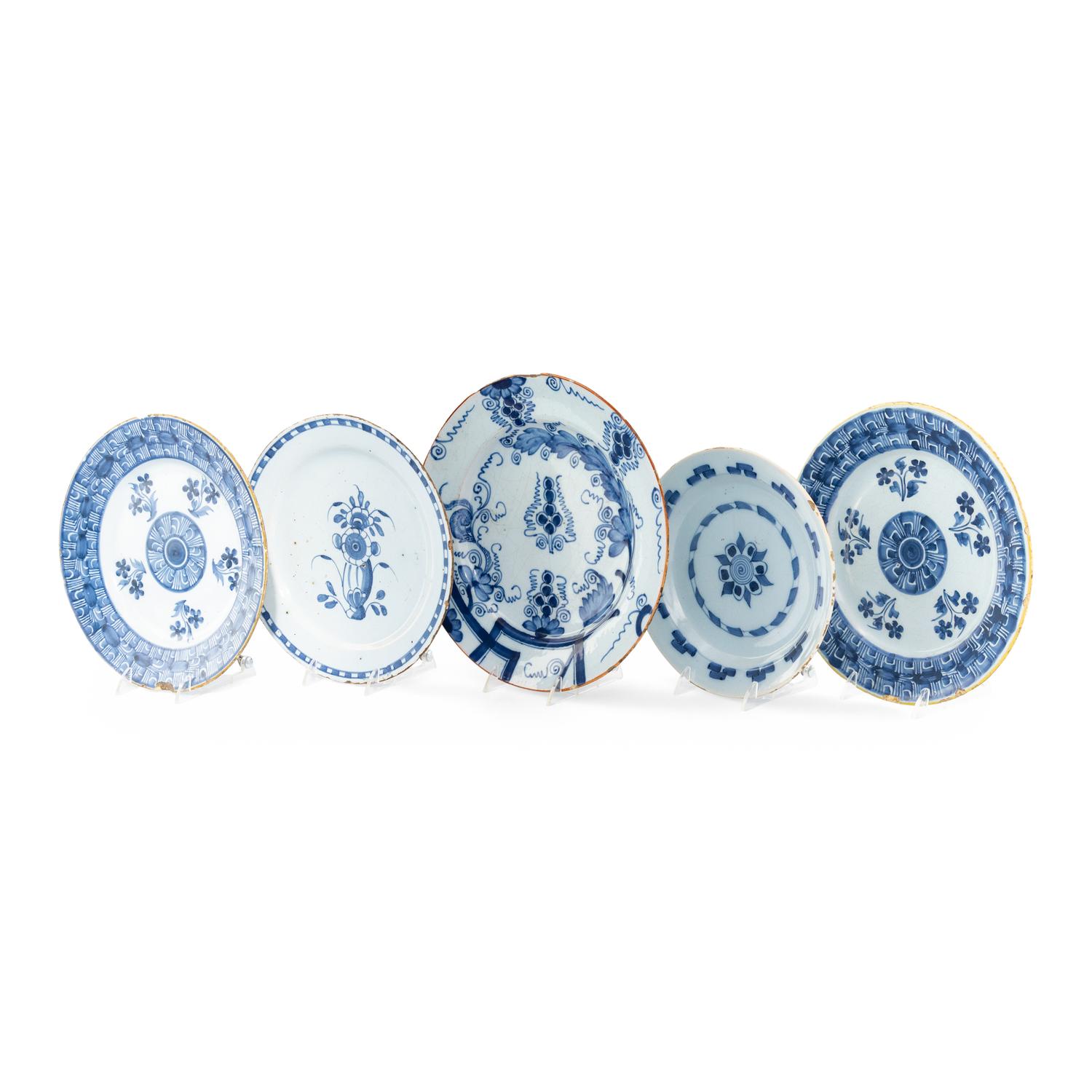 A Collection of Five English Blue and White Delftware Articles