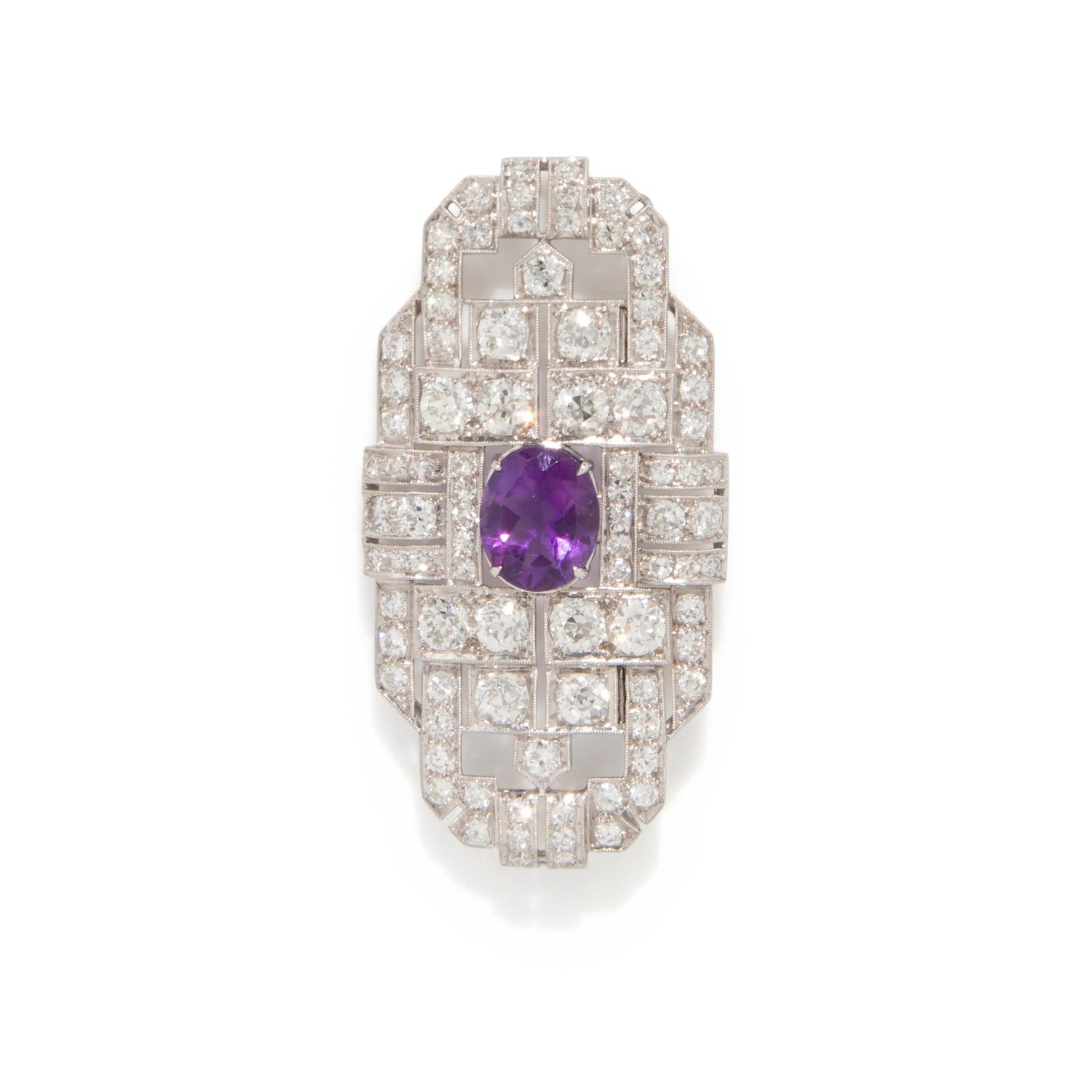 FRENCH, ART DECO, DIAMOND AND AMETHYST BROOCH