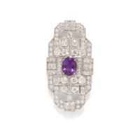 FRENCH, ART DECO, DIAMOND AND AMETHYST BROOCH