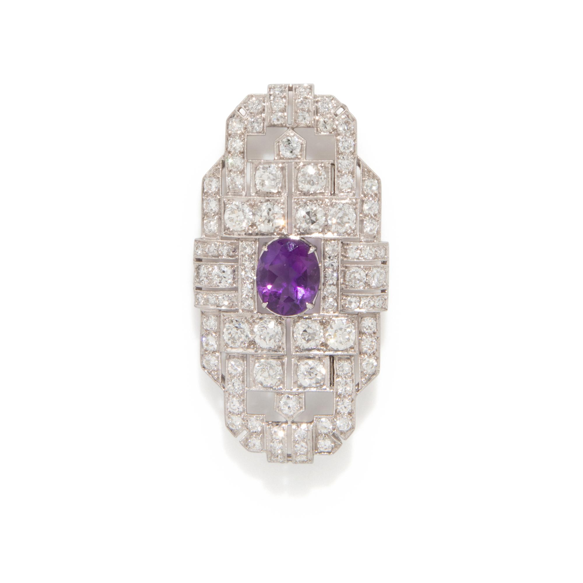 FRENCH, ART DECO, DIAMOND AND AMETHYST BROOCH