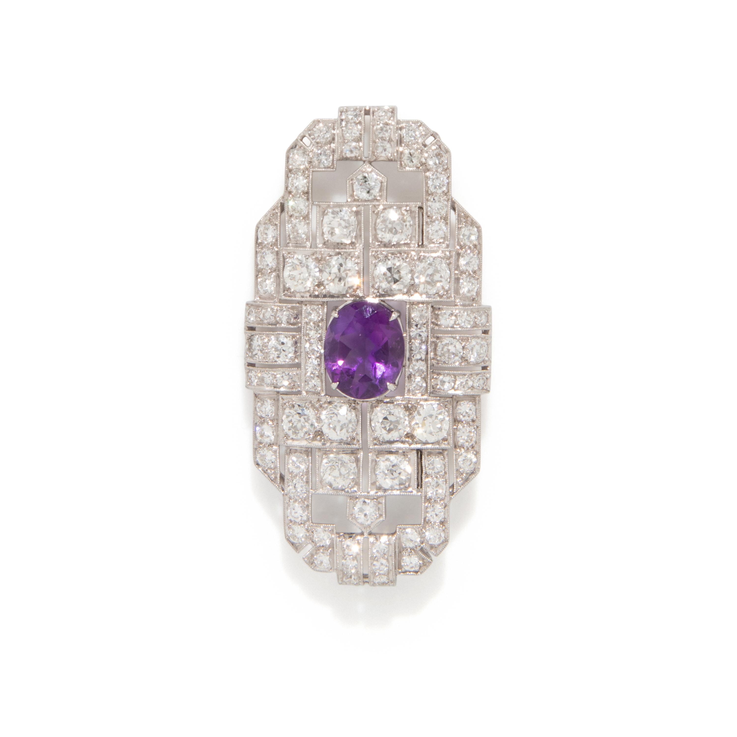 FRENCH, ART DECO, DIAMOND AND AMETHYST BROOCH