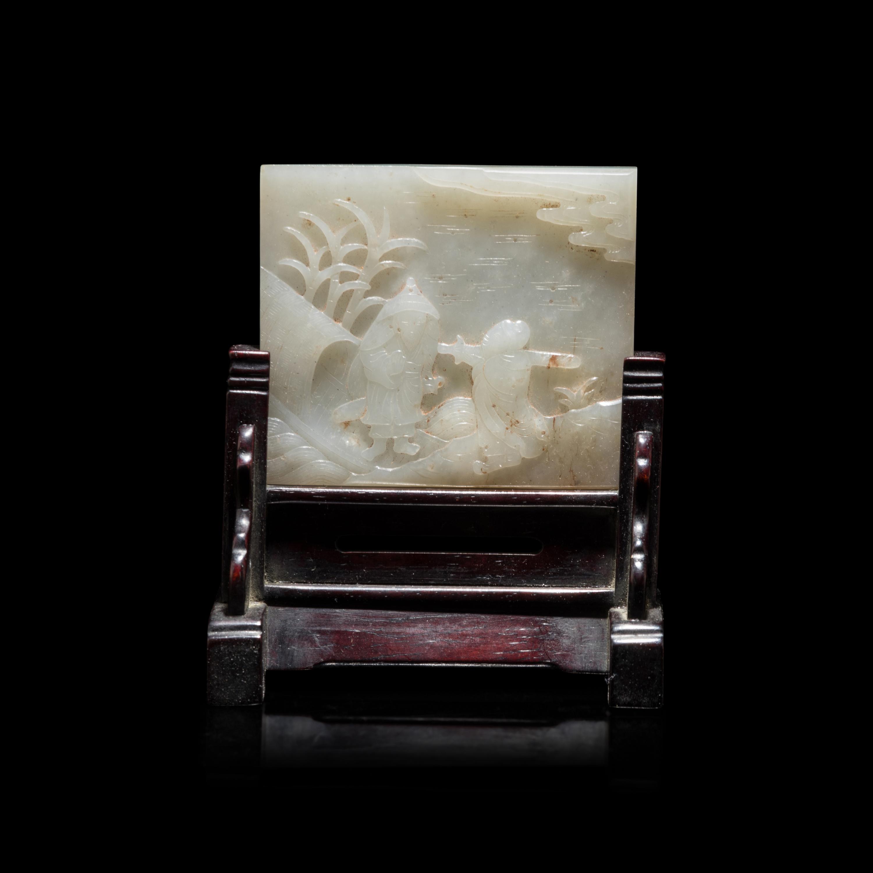 A Chinese White Jade 'Scholars' Table Screen 白玉刻行旅圖小硯屏