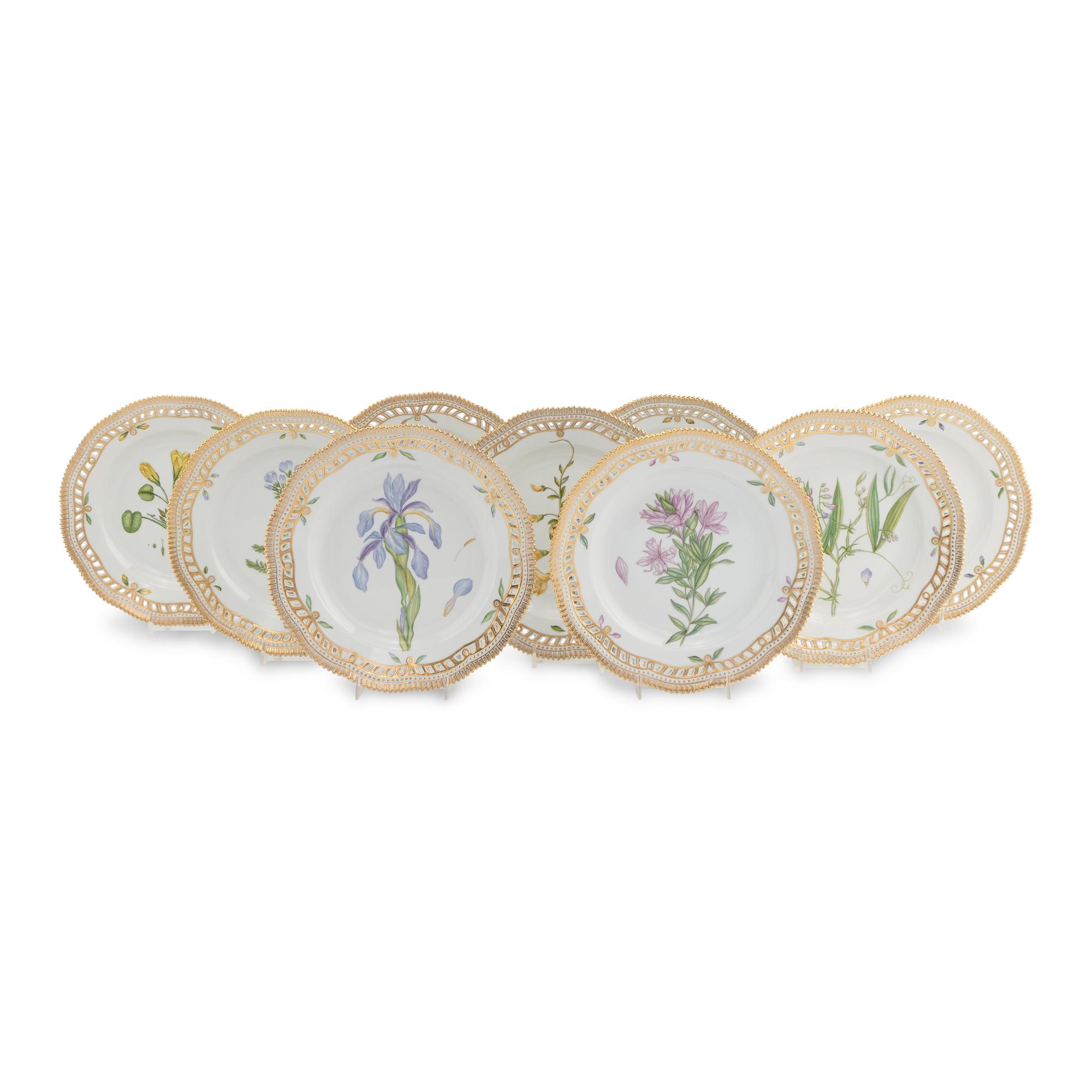A Set of Nine Royal Copenhagen Flora Danica Porcelain Dinner Plates