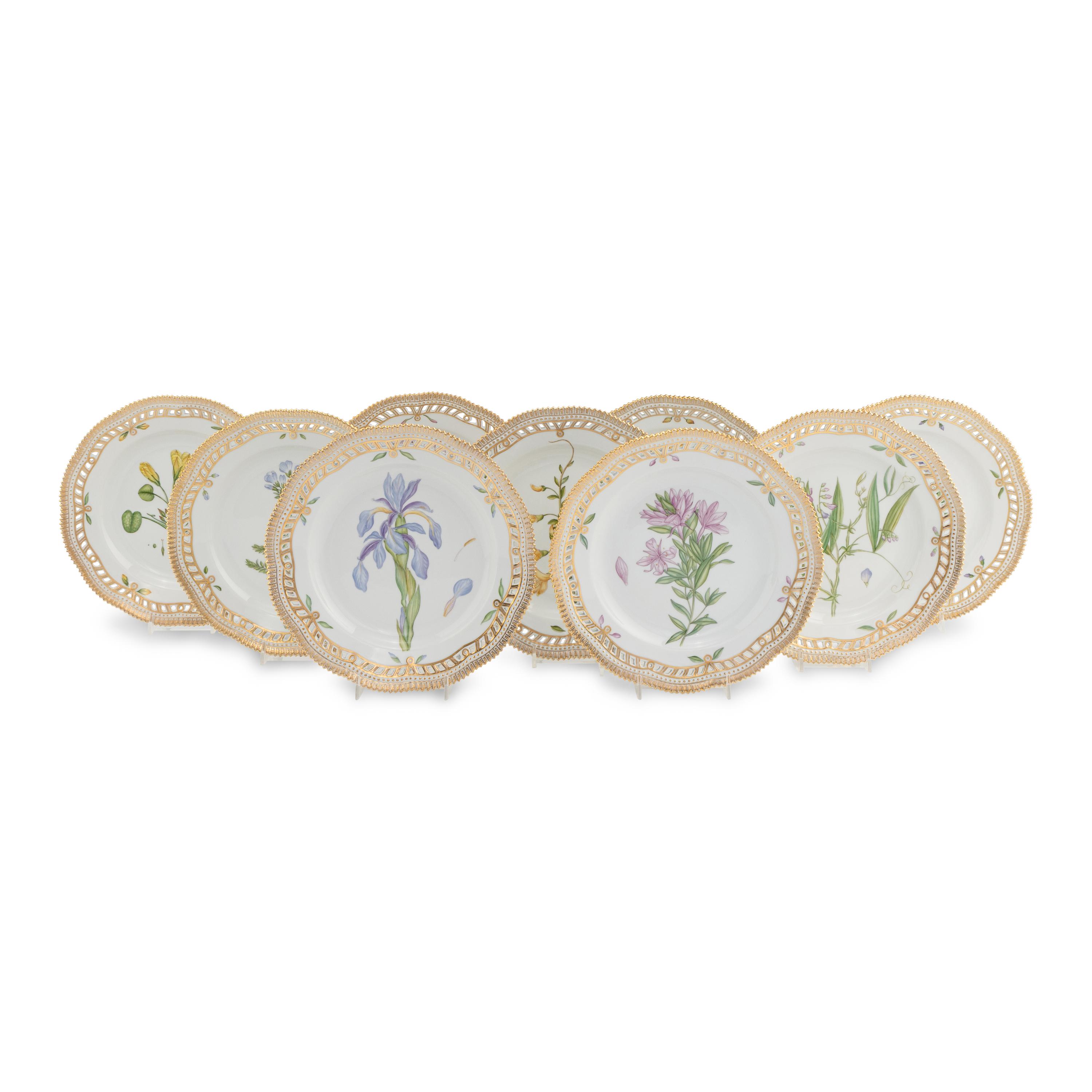 A Set of Nine Royal Copenhagen Flora Danica Porcelain Dinner Plates