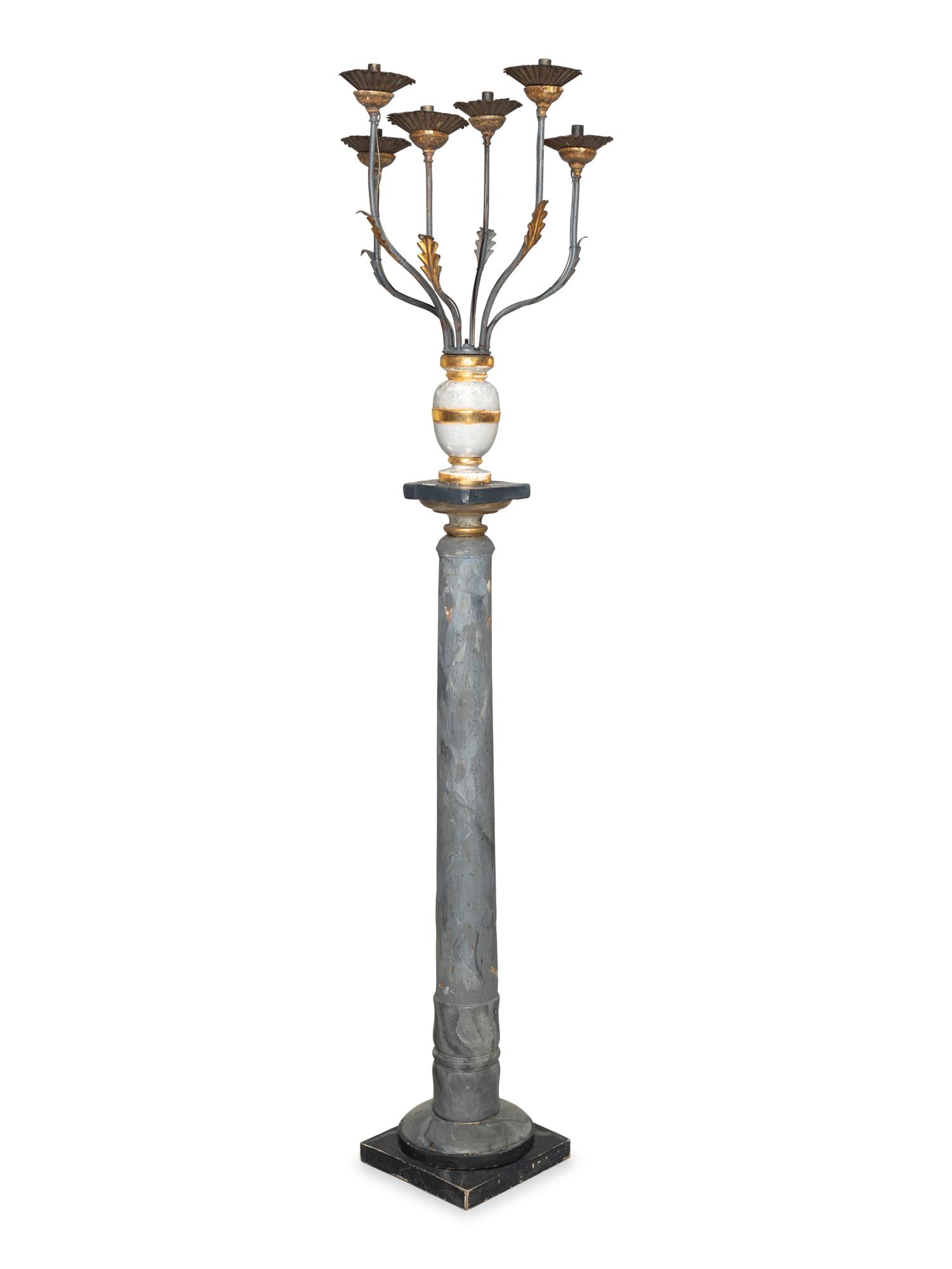 An Italian Giltwood, Grey-Painted and Faux Marble Six-Light Candelabrum