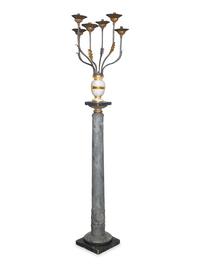 An Italian Giltwood, Grey-Painted and Faux Marble Six-Light Candelabrum