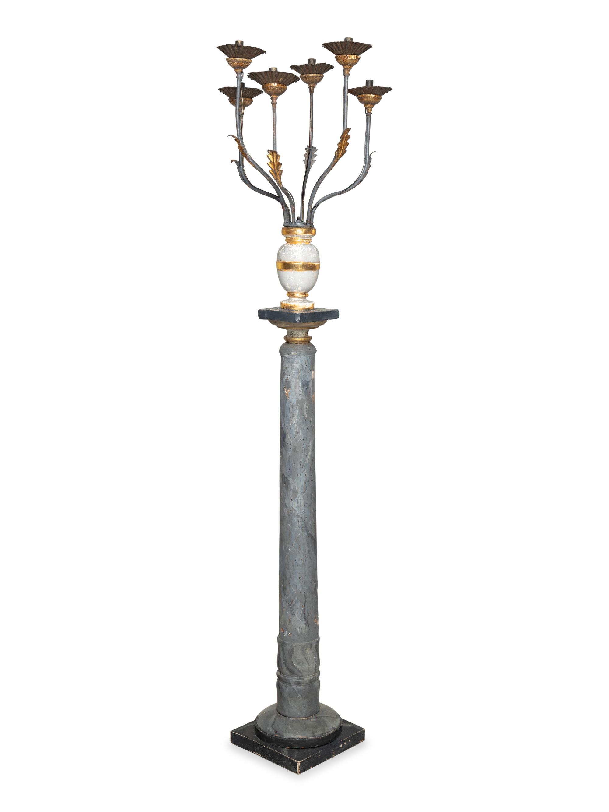 An Italian Giltwood, Grey-Painted and Faux Marble Six-Light Candelabrum