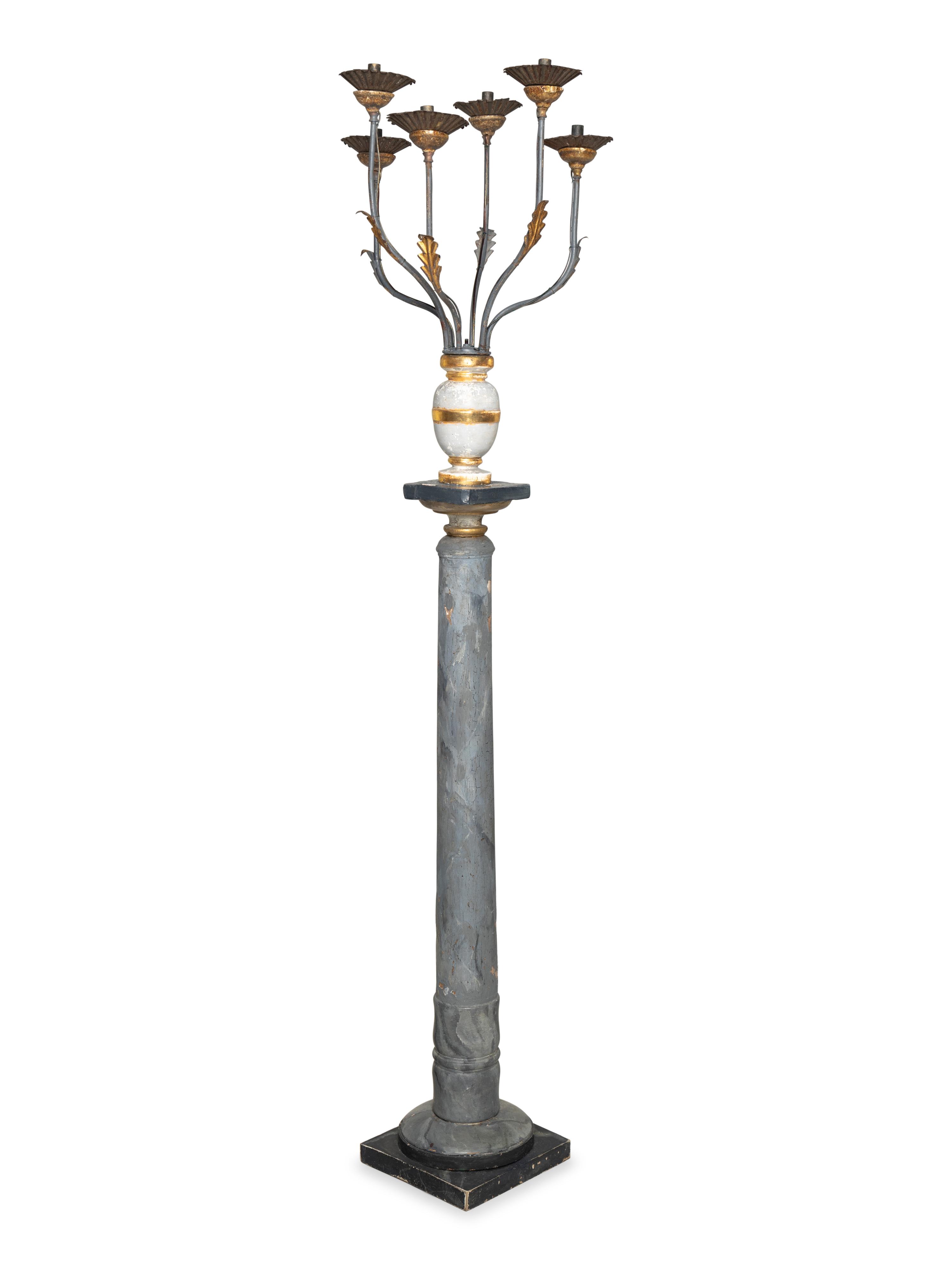 An Italian Giltwood, Grey-Painted and Faux Marble Six-Light Candelabrum