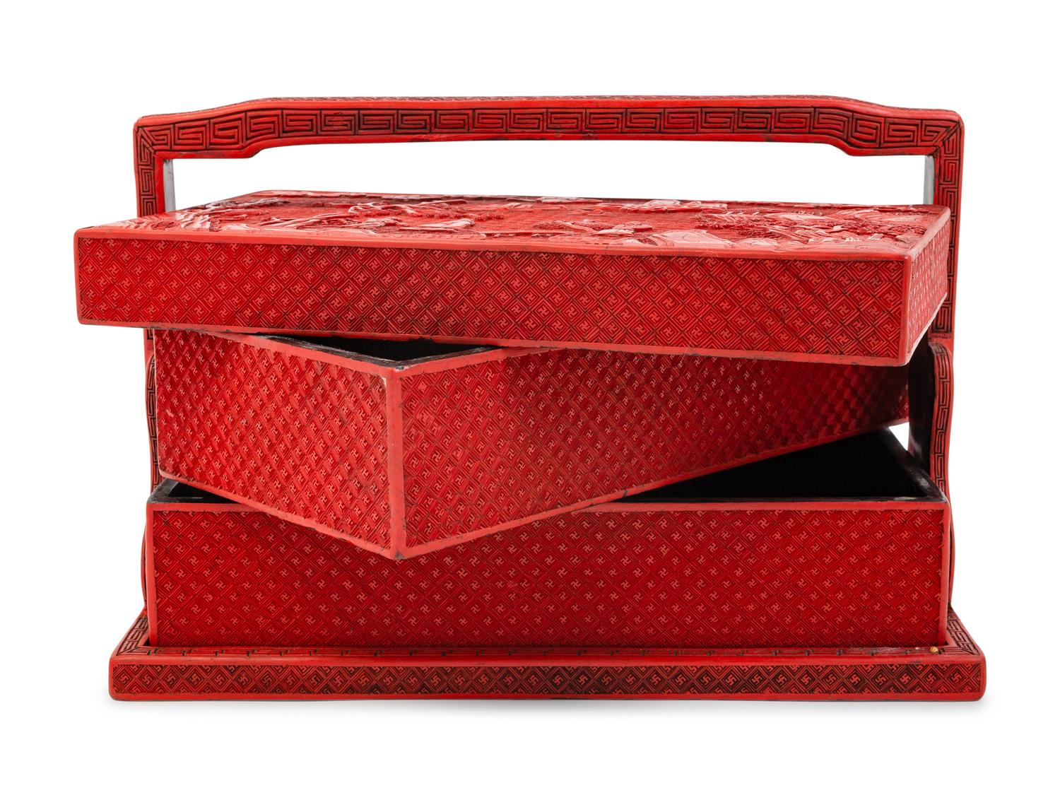 A Chinese Carved Red Lacquer Two-Tier Picnic Box