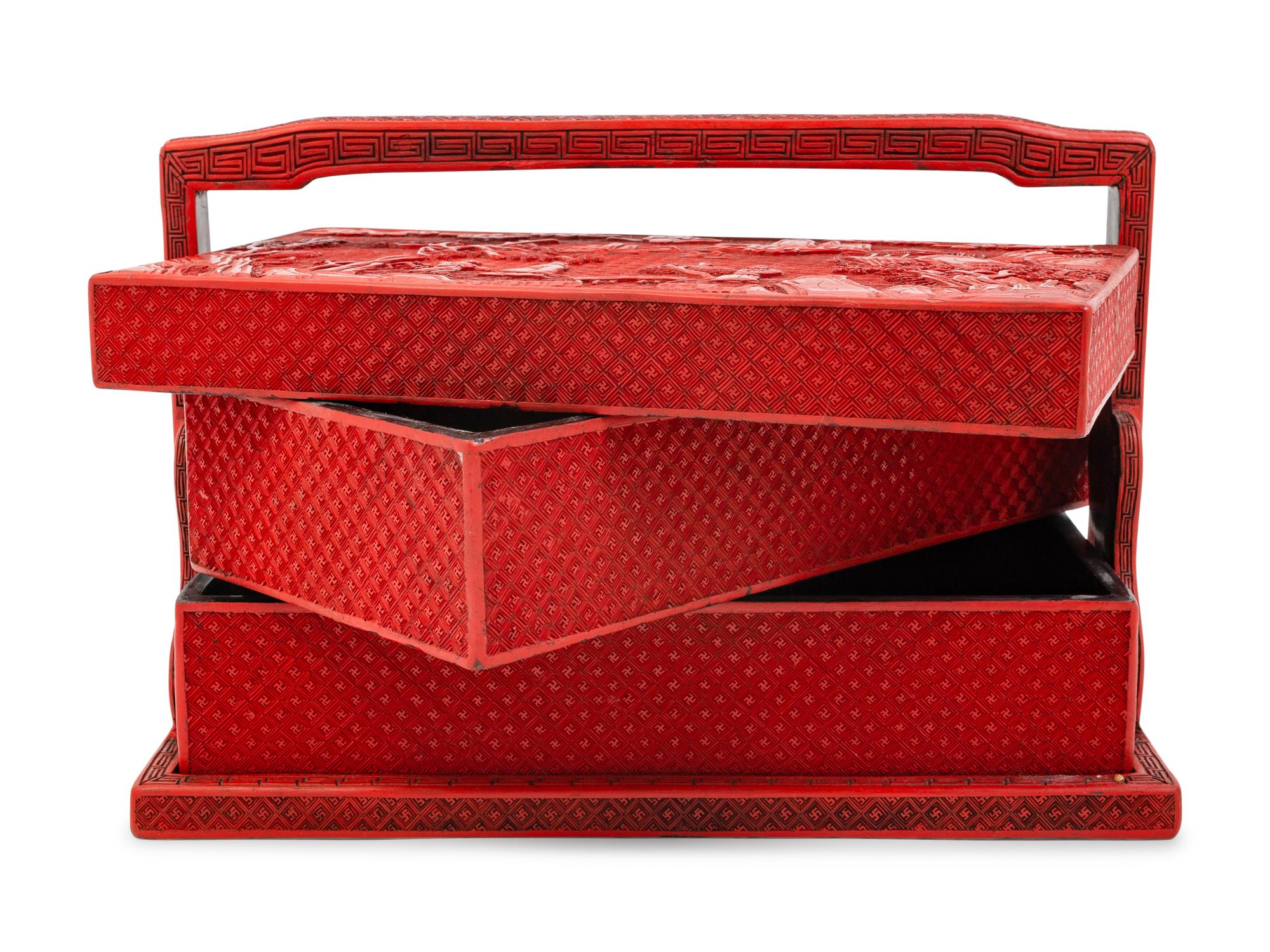 A Chinese Carved Red Lacquer Two-Tier Picnic Box