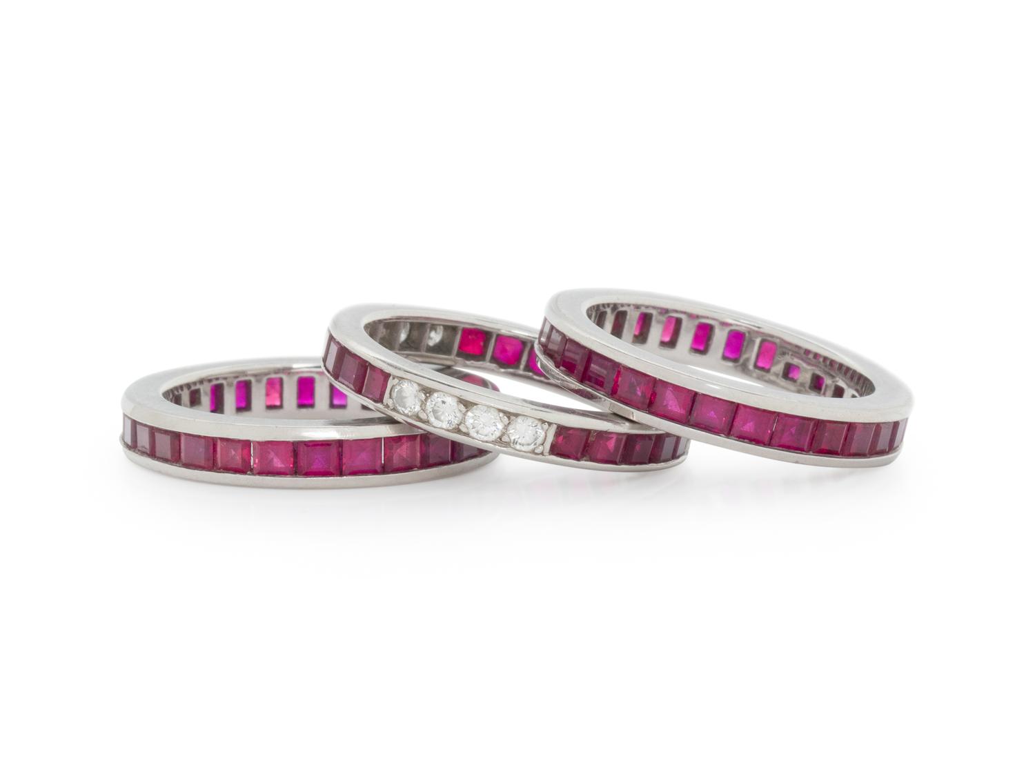 TIFFANY & CO., COLLECTION OF PLATINUM, RUBY, AND DIAMOND ETERNITY BAND RINGS