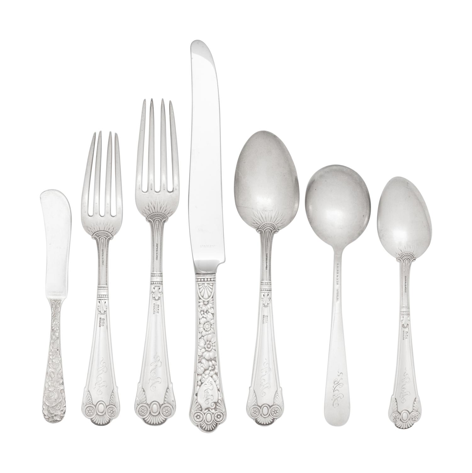 A Gorham Cluny Silver Flatware Service with S. Kirk and Son Repousse Silver Flatware and Serving Articles