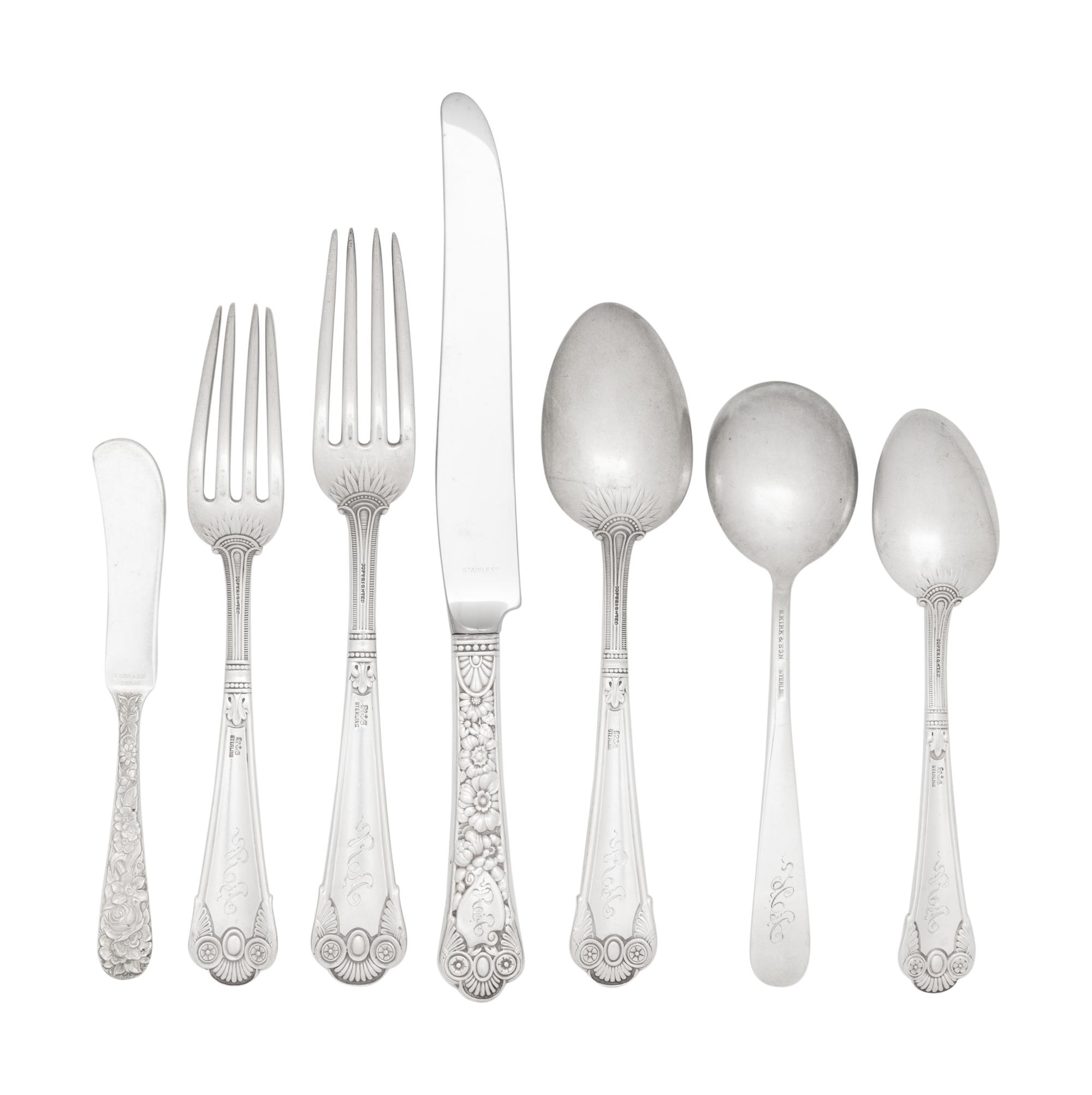 A Gorham Cluny Silver Flatware Service with S. Kirk and Son Repousse Silver Flatware and Serving Articles