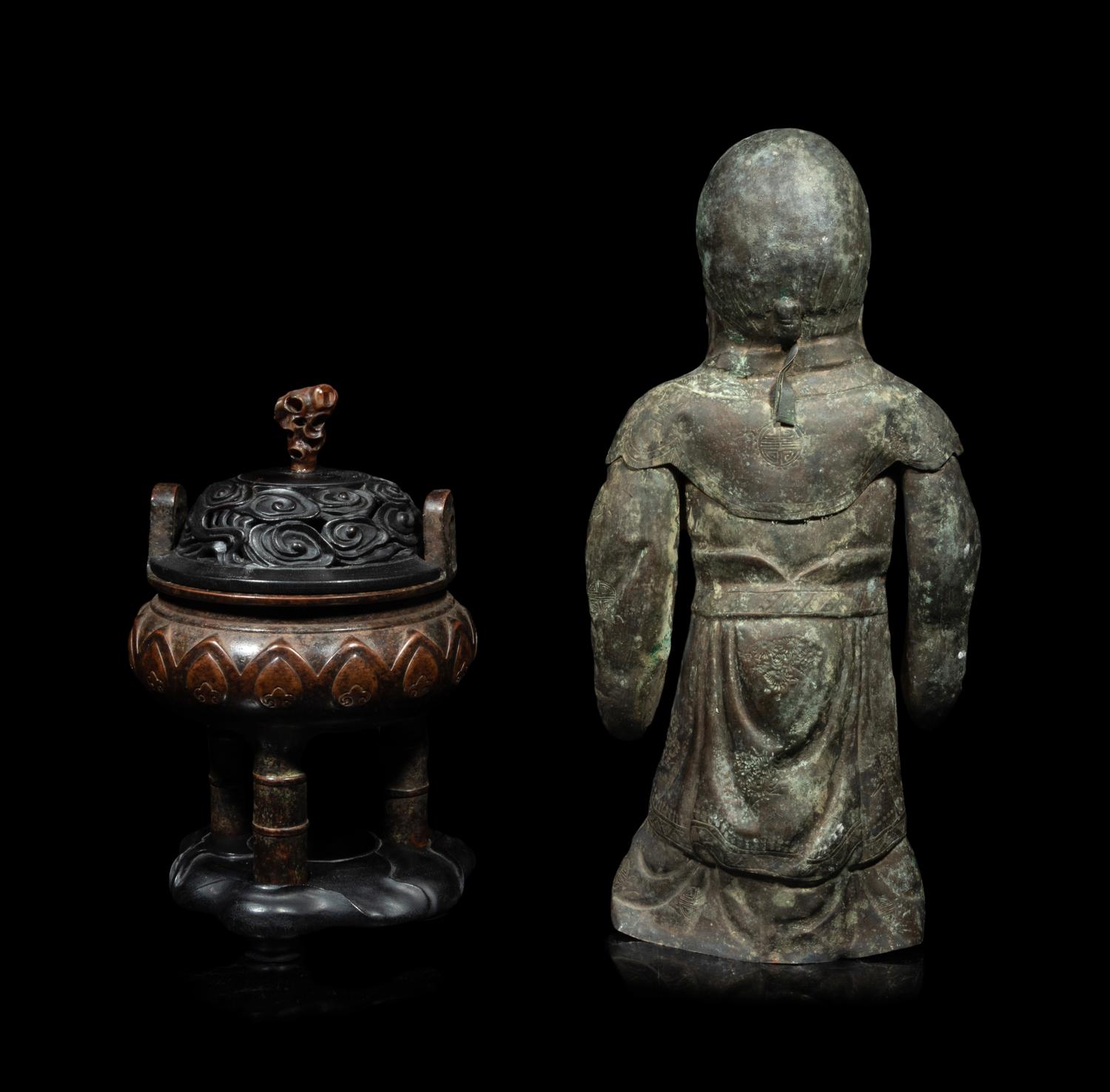 A Chinese Silver Figure of Shoulao and A Chinese Bronze Incense Burner