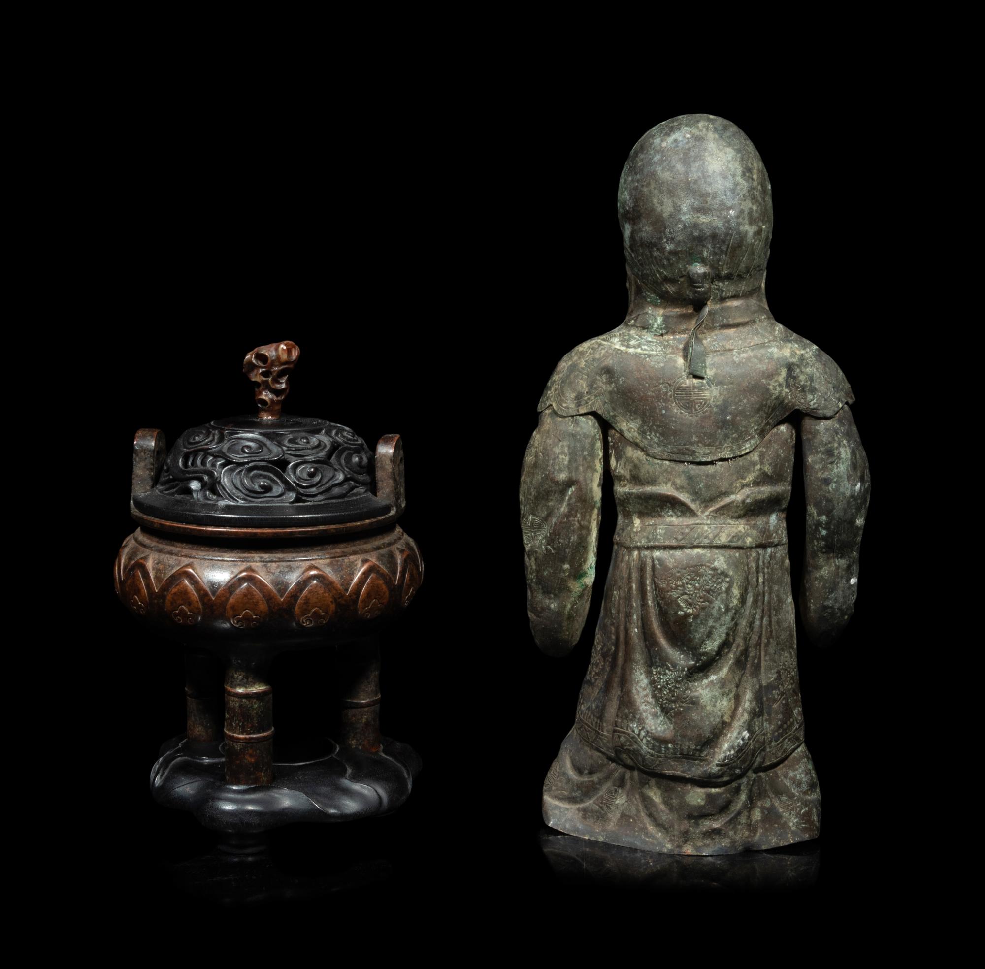 A Chinese Silver Figure of Shoulao and A Chinese Bronze Incense Burner