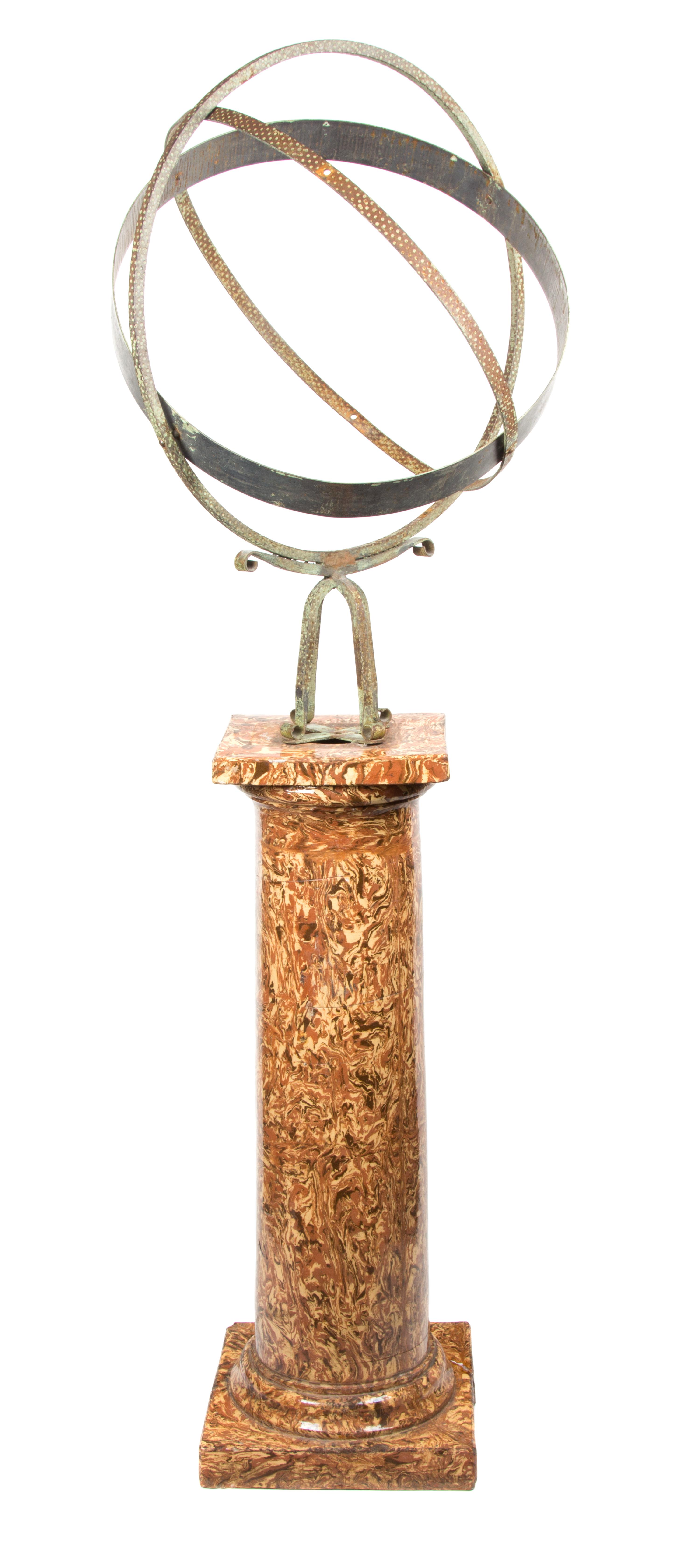 A Patinated Iron Armillary Sphere Height overall 68 inches.