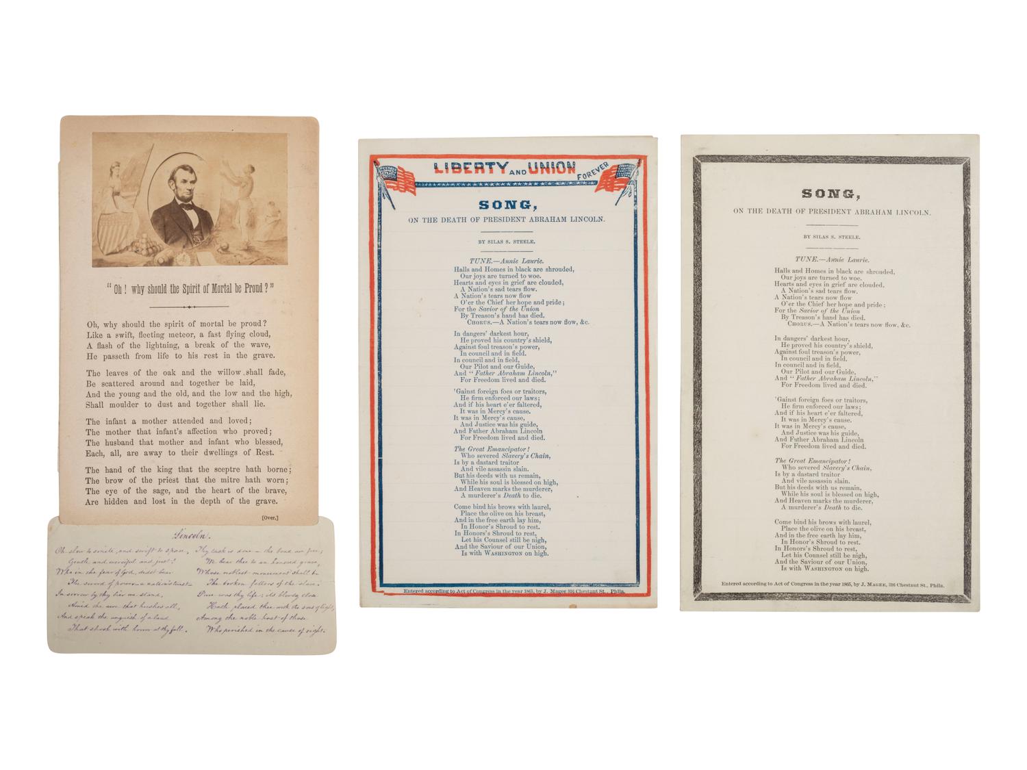 [LINCOLNIANA]. 3 poems and songs mourning the loss of Lincoln, incl. rare example with photograph.